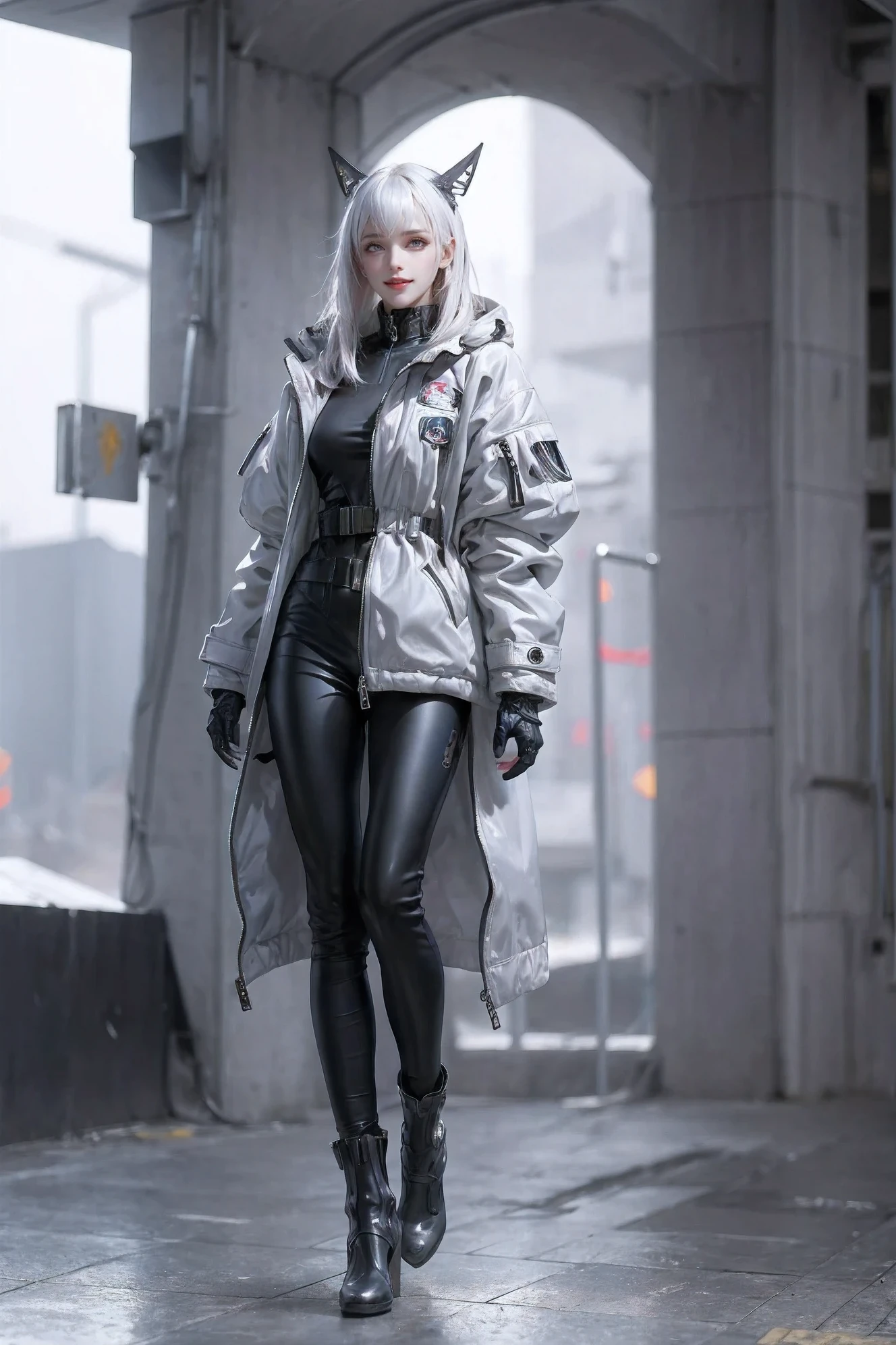 1 girl, helmet, hood, alone, space suit, extra long_hair, Bangs, jacket, Body的上半部分_Body, white_hair, Bag, vague, coat, grey_Eye, mask, vague_background, 背Bag, zipper, Mouth_mask, cover_Mouth, urban tech wear, full outfit,lower body,The legs are white and long,Unequal network leggings,Glowing light,zipper机械短靴,full-body shot