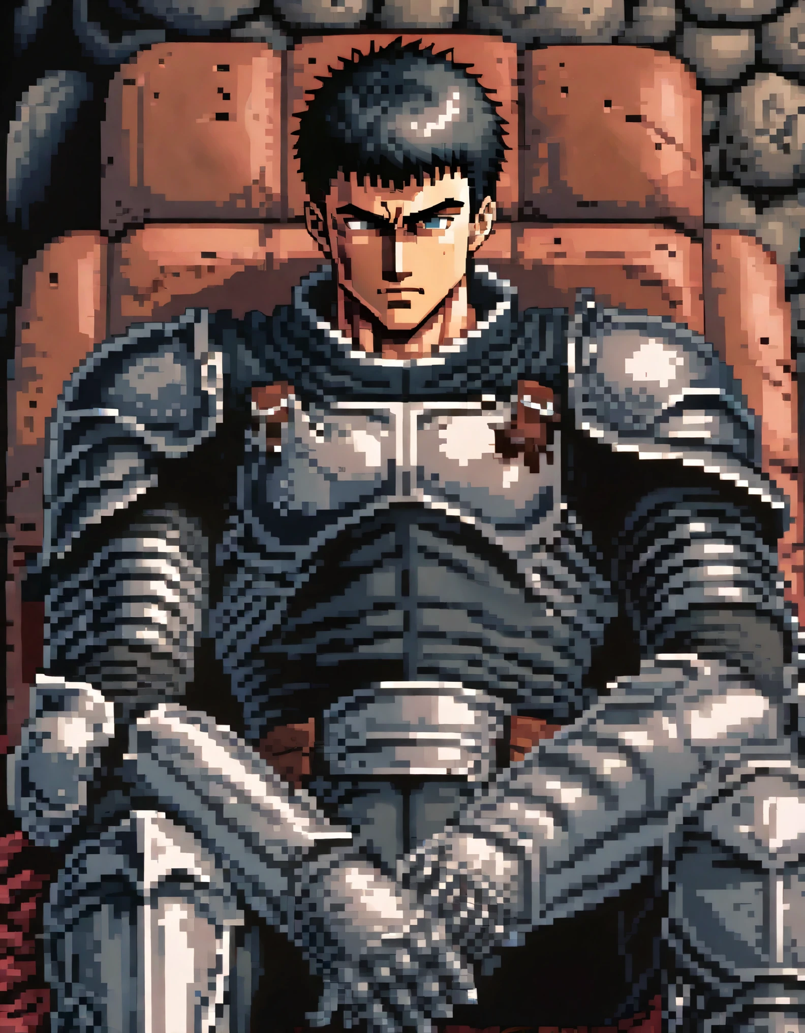 guts \(berserk\) sitting, sleeping, eyes closed, armor, hands resting in lap, black armor, bandages, face to viewer, manly, scar, male focus, smooth, sharp focus, illustration,