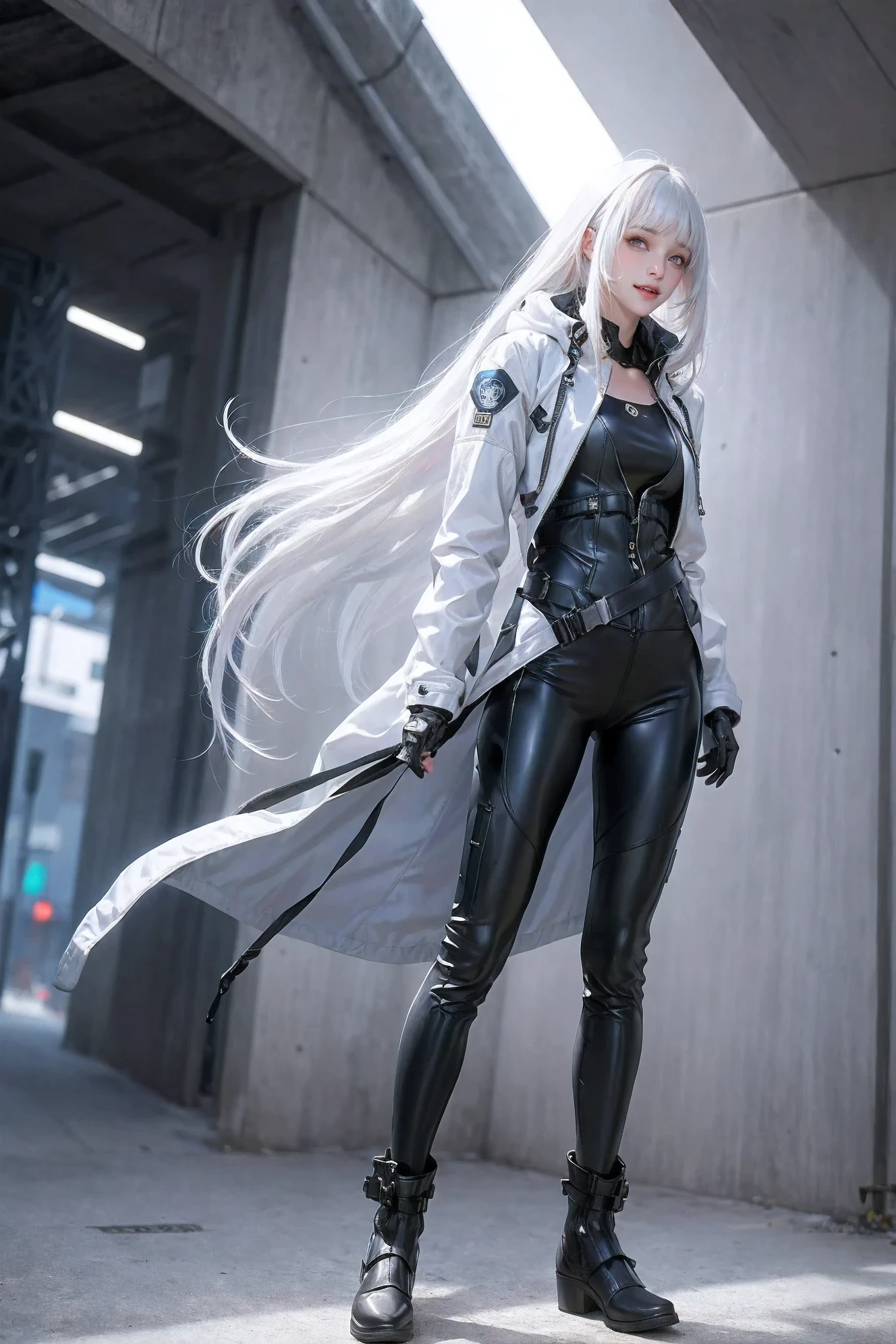 1 girl, helmet, hood, alone, space suit, extra long_hair, Bangs, jacket, Body的上半部分_Body, white_hair, Bag, vague, coat, grey_Eye, mask, vague_background, 背Bag, zipper, Mouth_mask, cover_Mouth, urban tech wear, full outfit,lower body,The legs are white and long,Unequal network leggings,Glowing light,zipper机械短靴,full-body shot