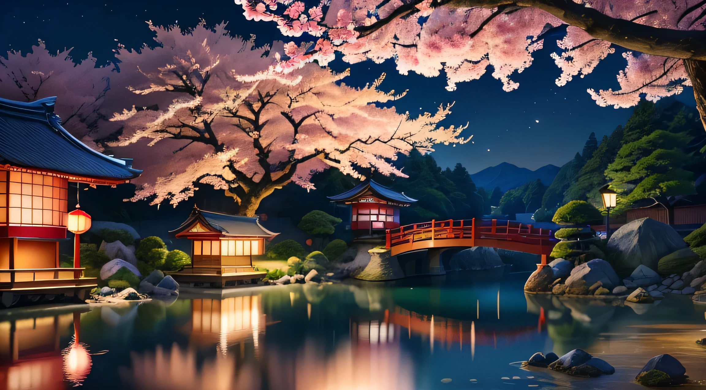 Japan、静かなJapan庭園, 満開のcherry blossoms、Kawabe、最high quality、high quality、very detailed、genuine、landscape、super fine、clear water、cherry blossoms、emerald green water、8k、cherry blossoms並木、night view、Moonlight night、