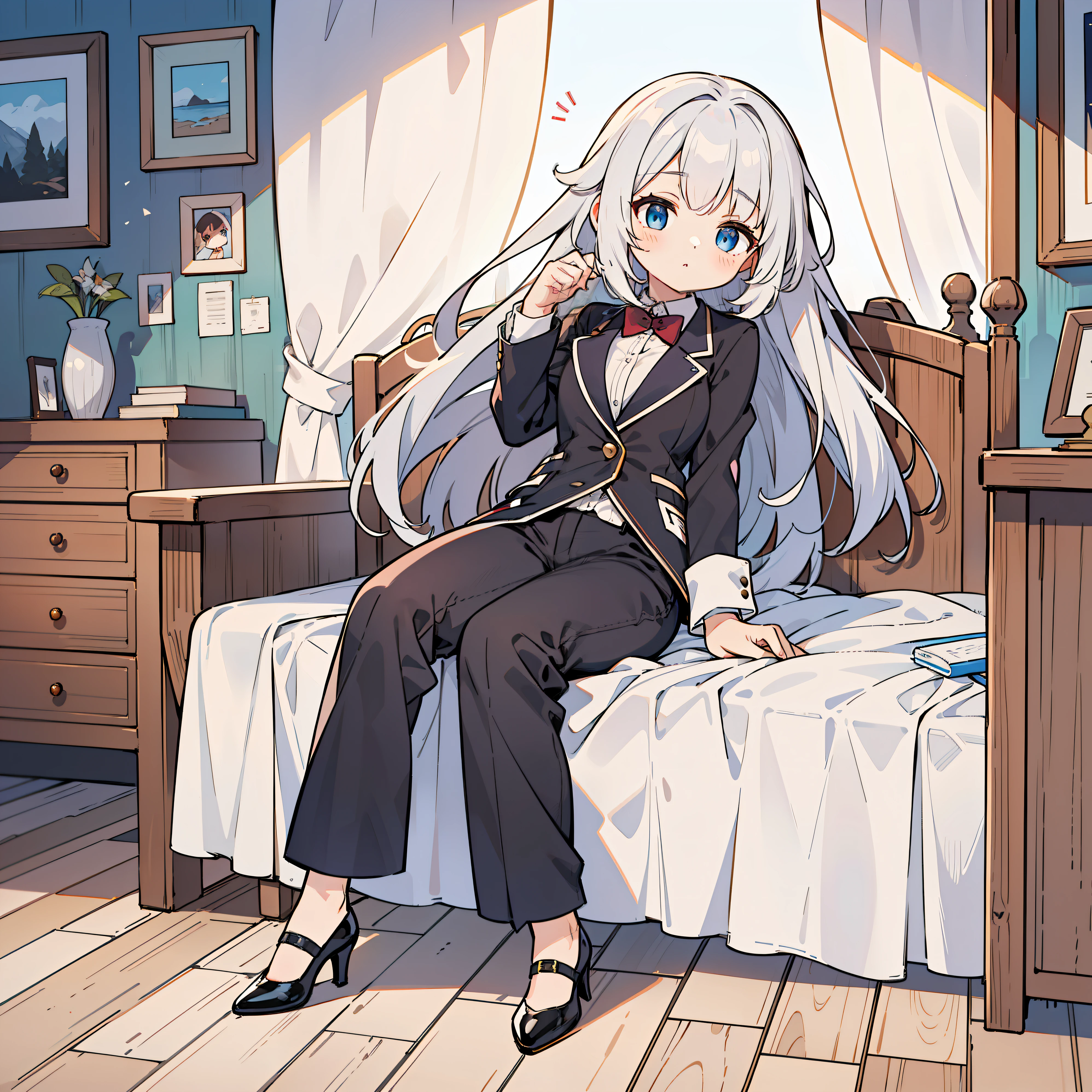 (long silver hair girl),((Are sleeping)),(Pants style with tuxedo),blue eyes,Overlay feel, Full body Esbian,(((alone))),(best image quality, In 8K, masterpiece, Super detailed),