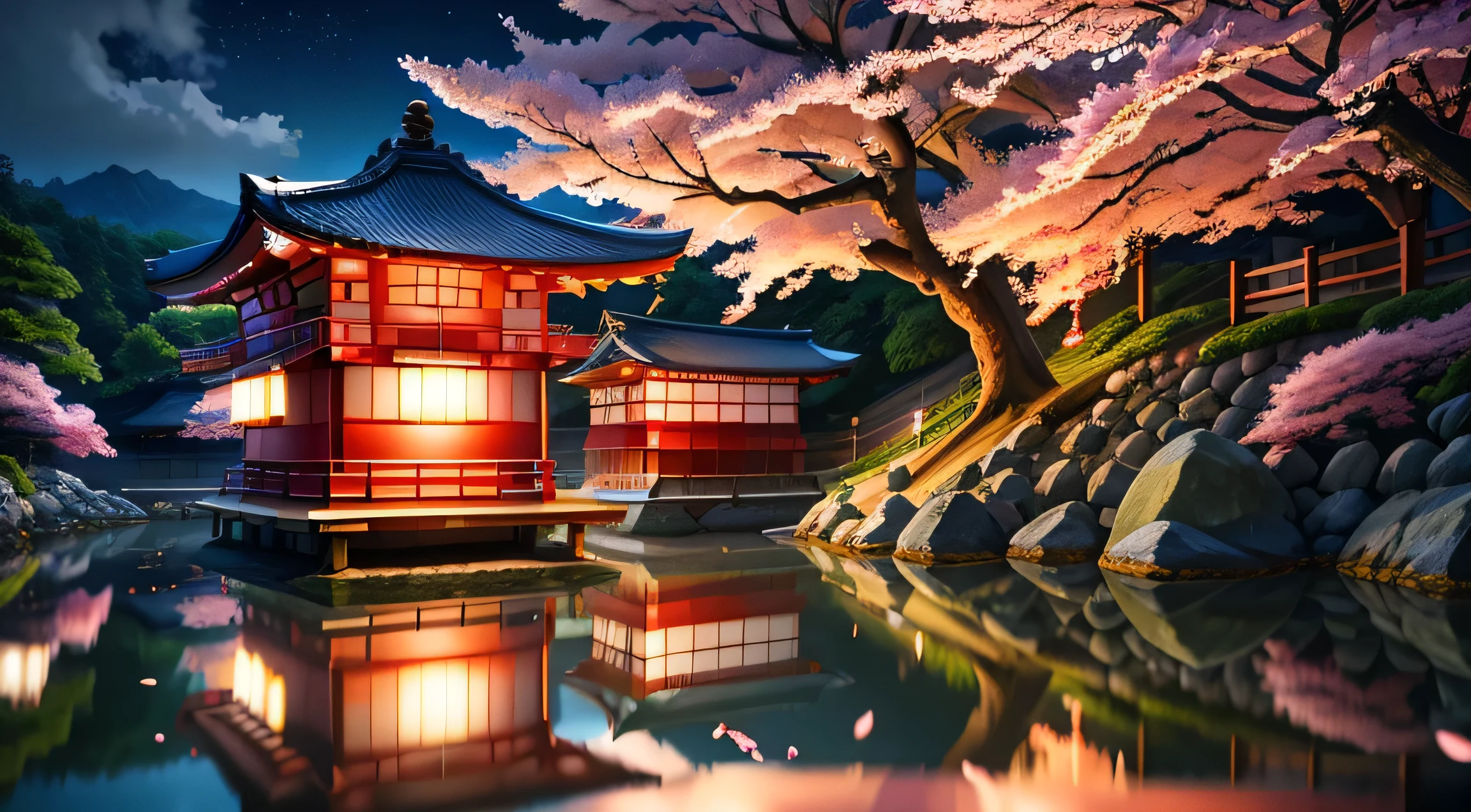 Japan、静かなJapan庭園, 満開のcherry blossoms、Kawabe、最high quality、high quality、very detailed、genuine、landscape、super fine、clear water、cherry blossoms、emerald green water、8ｋ、cherry blossoms並木、night view、Moonlight night、