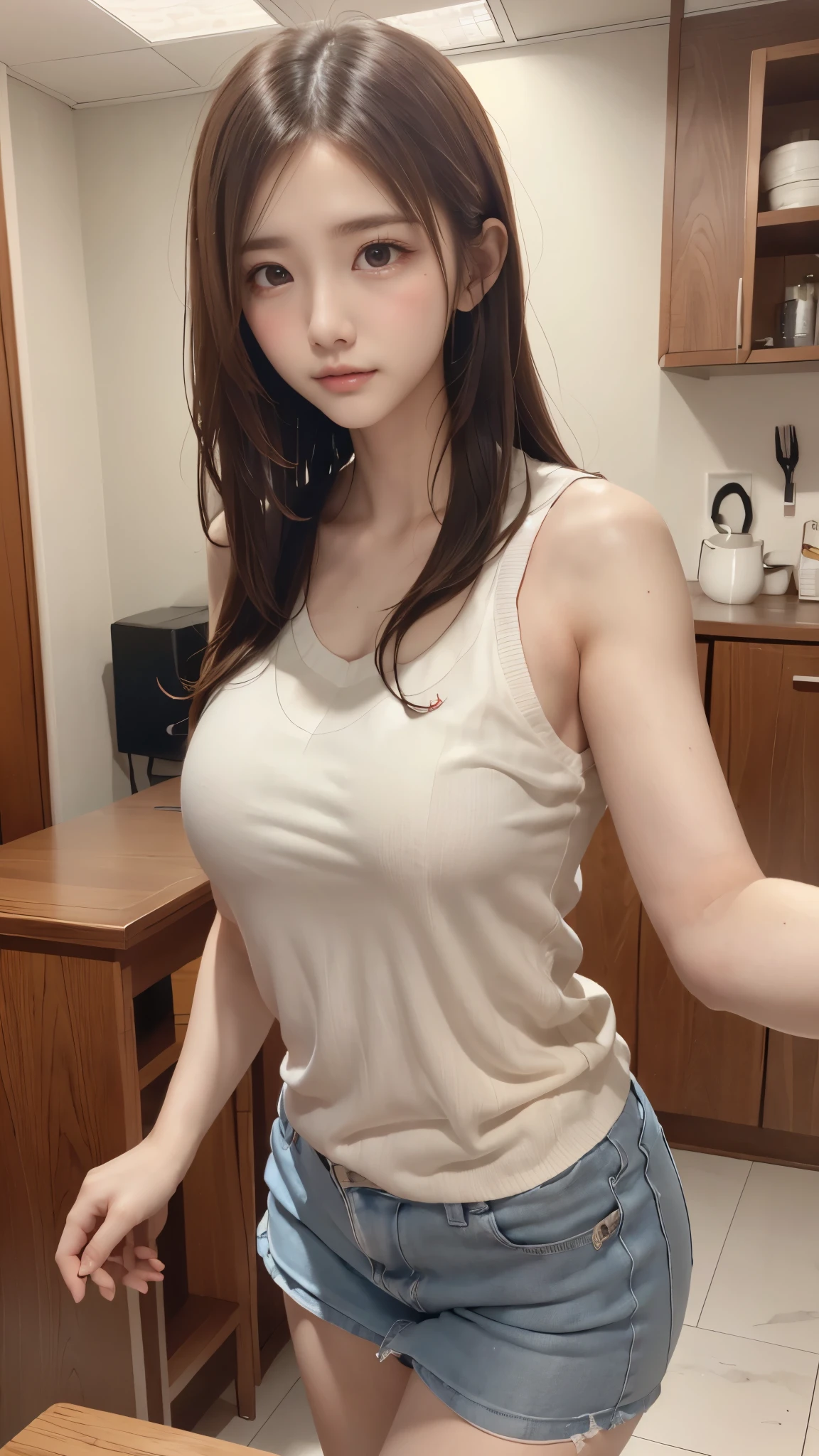 masterpiece、highest quality、High resolution、wallpaper、realistic、bright lighting、smooth lighting、japanese woman、adult woman、super beautiful、sexy、gravure、beautiful skin、slim、medium large、shortcut、brunette colored hair、Larger eyes、brown eyes、invisible tear bag、The camera is from the front、looks fun、Tank top、Basketball Wear、