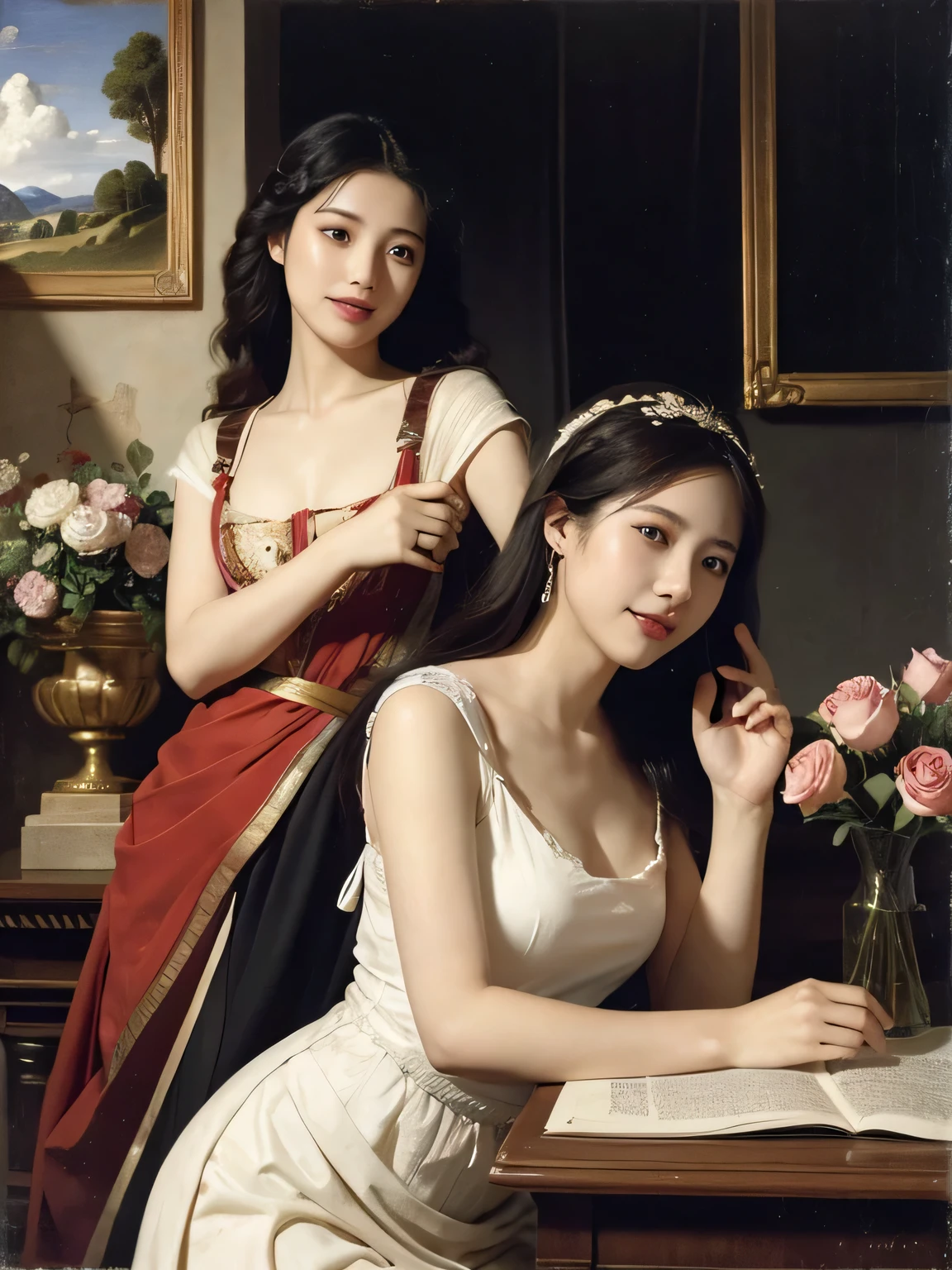 Giorgione painting style,Arguments of two female Philosophe,math、astronomical machine、astronaut、roses in vase、fruits、Cute trinkets、smile、ancient greek costume、Ancient Roman landscape in the style of Nicolas Poussin,laughter,,Sweet and seductive appearance.、Caravaggio's paintings、Chiaroscuro of Caravaggio、hair tousled by the wind,Two women frolicking,cute smile, expression of ecstasy,Sexy,erotic