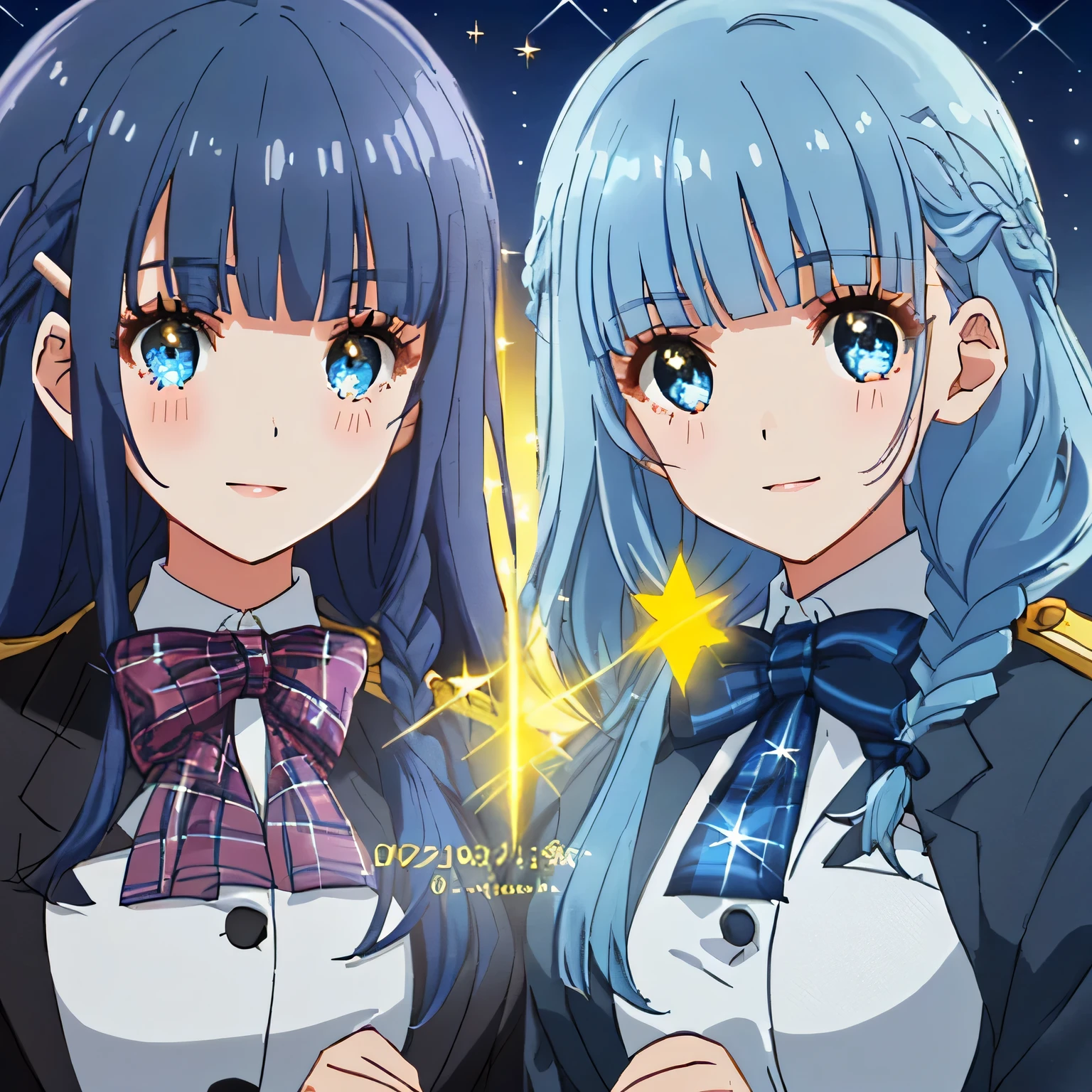 highest quality, (masterpiece:1.2), very detailed, A standing figure of a girl looking at me with a gentle and cute expression and smiling.., Glossy lips that make you want to kiss, nice smile, (((Super cute sparkly big blue eyes and detailed details)), (((blue hair))), , long braids, big shiny golden hair clip, school uniform, Dark blue and navy plaid skirt, ((Luxurious navy blazer with a golden patch on the left chest)), ((red shiny big big school ribbon tie)), very shiny hair、laughter、bright look、Both face and hair catch the light and shine, The corners of the eyes are drooping, Cute braids, The expression of a maiden in love, (((Twin braided hair))), The long skirt fabric has a beautiful deep blue checkered pattern...., double eyelid, ((long eyelashes and long lower eyelashes)), ((bust is not big)), the background is pure white, less bangs, shot from the side