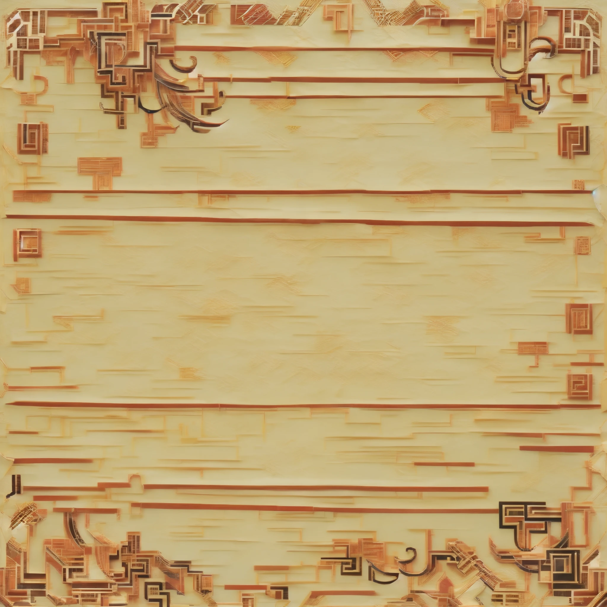 a close up of a brown and red rug with a picture of a man and a woman, paper border, oriental, inside stylized border, ornate border, traditional chinese textures, calligraphy border, stylized border, ornate border frame, decorative art deco border, decorative art nouveau border, golden chinese text, paper background, intricate border, squared border, rice paper texture