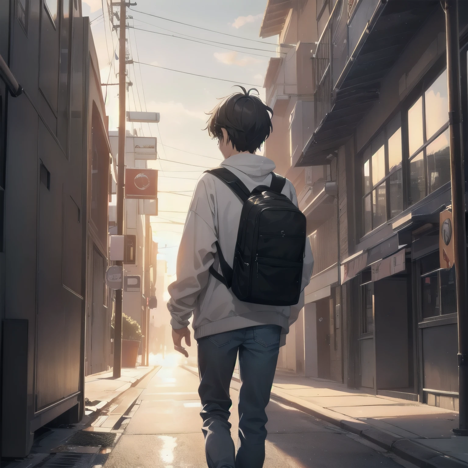 A top-quality, high-resolution image of a person walking toward college. The figure is dressed in casual attire, with long strides that suggest a sense of determination and eagerness. The background is subtly blurred, allowing the focus to remain on the person and their expressive, slender frame. They carry a backpack slung over one shoulder, as if ready for the day's challenges. The sun casts a warm, inviting glow over the scene, and the sense of anticipation is palpable. The person's features are delicate and refined, with a serious yet hopeful expression as they continue on their journey. The passage of time is conveyed through the fractal art-