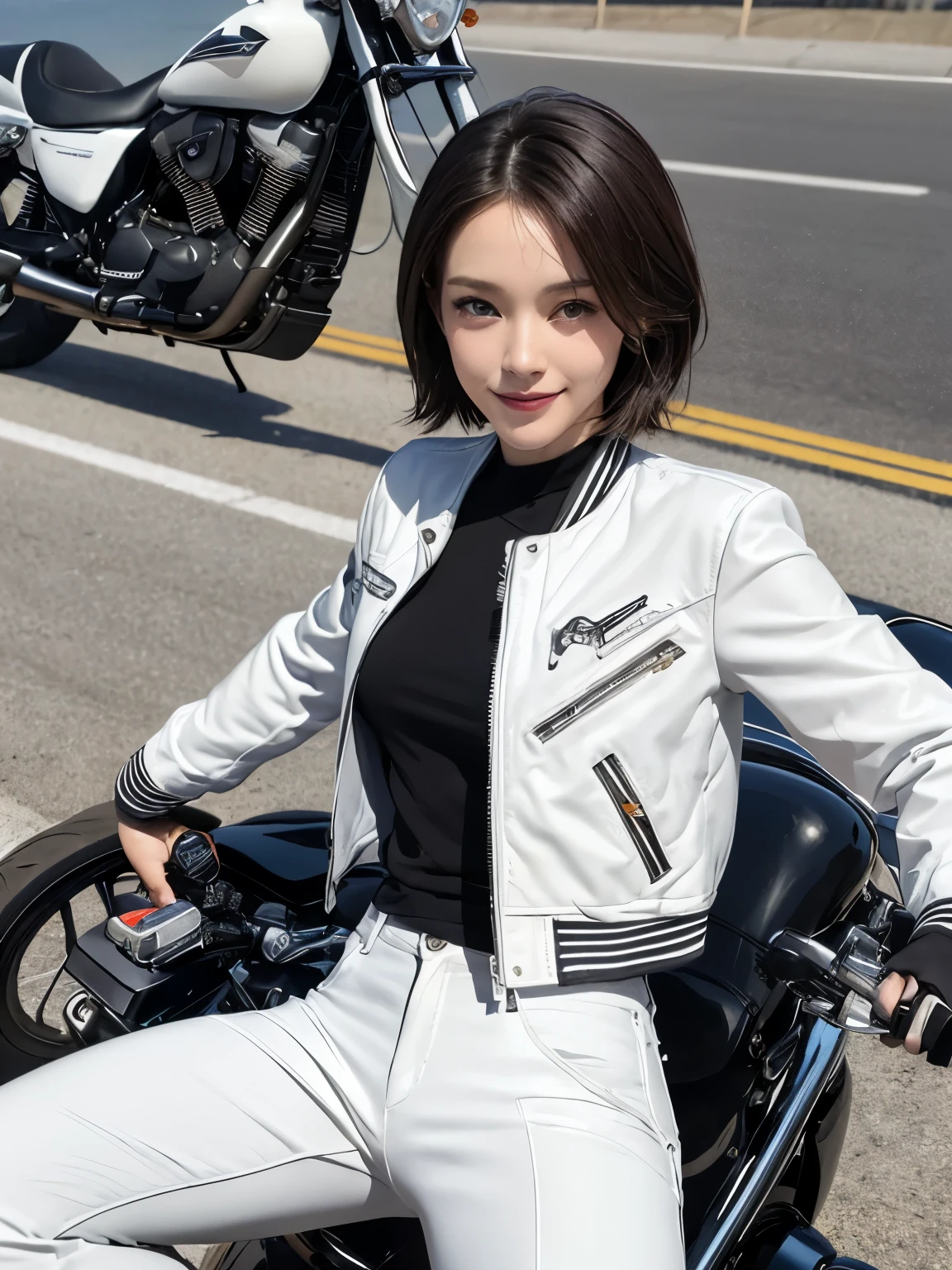 ((highest quality)), ((masterpiece)), (detailed motorcycle), perfect face、Accurate five-fingered hands、double eyelids、small face、realistic skin texture、full body shot、long legs、Beauty、((white jacket and pants))、smile、slender body、Moist eyes、((spread legs))、((riding a motorcycle))、short hair