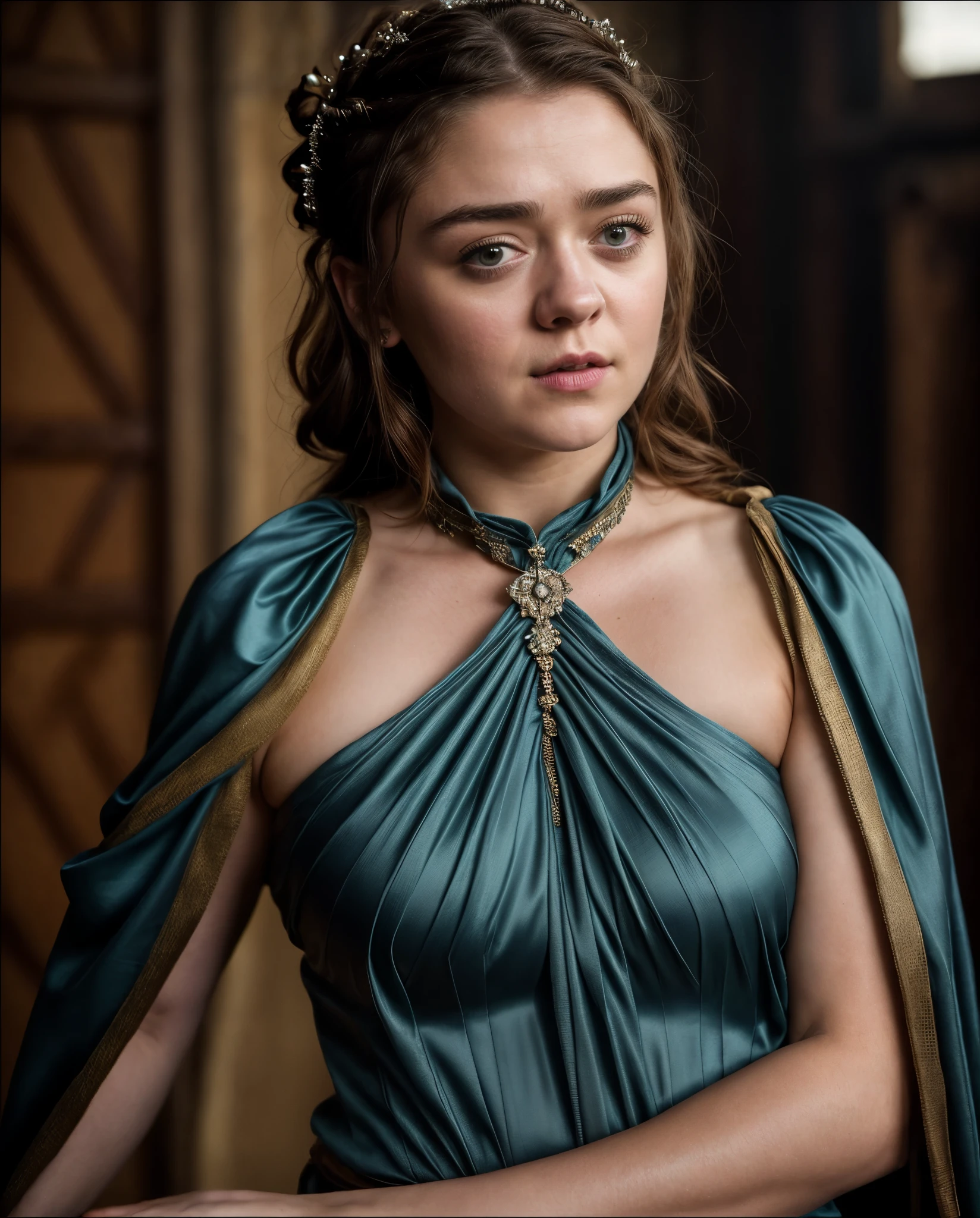 Foto RAW, Arya Stark, Extremely gorgeous lady, Arya Stark PLAYED BY MAISIE WILLIAMS, Queen Arya Stark, she a mature woman now, milf, sexy mediaeval battle dress, gladiator woman, body, 40 years old Woman, body revealing costumes, perky breast, big natural breast, erotic costumes, lusty physique, seductive figure can capture every people's attention, Game of thrones costumes, revealing captivating figure, Mediaeval costumes, revealing clothes, A tomboy, she would rather fence than dance, warrior queen , game of thrones screen caps, Game of Thrones Series, (pele altamente detalhada: 1.2), 8k UHD, DSLR, soft-lighting, alta qualidade, grain of film, Fujifilm XT3, flawless picture, highly detailed, detailed Beauty, intricate, 32k, sharp picture,