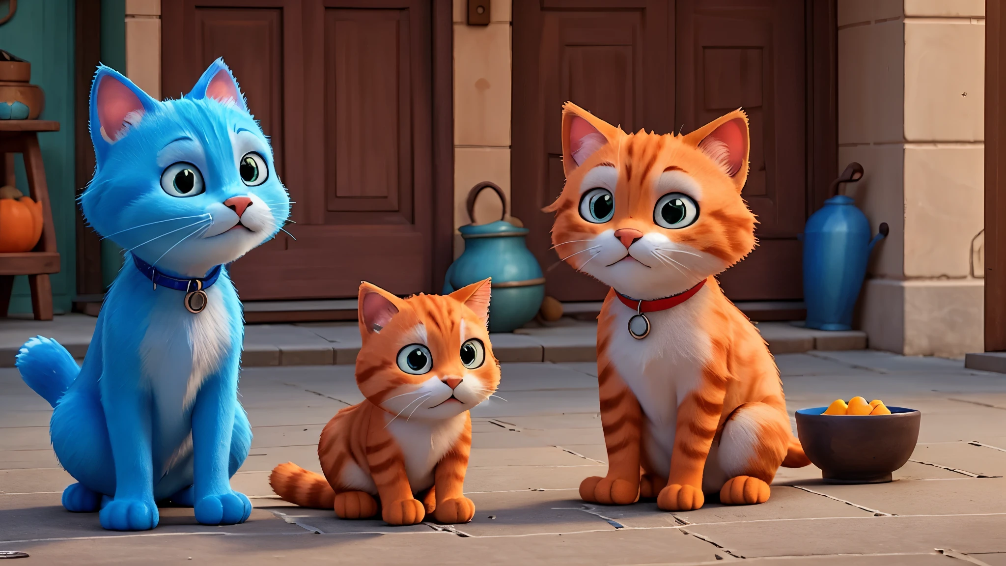 An orange cat is bullying a blue cat begging from a bowl on the street，