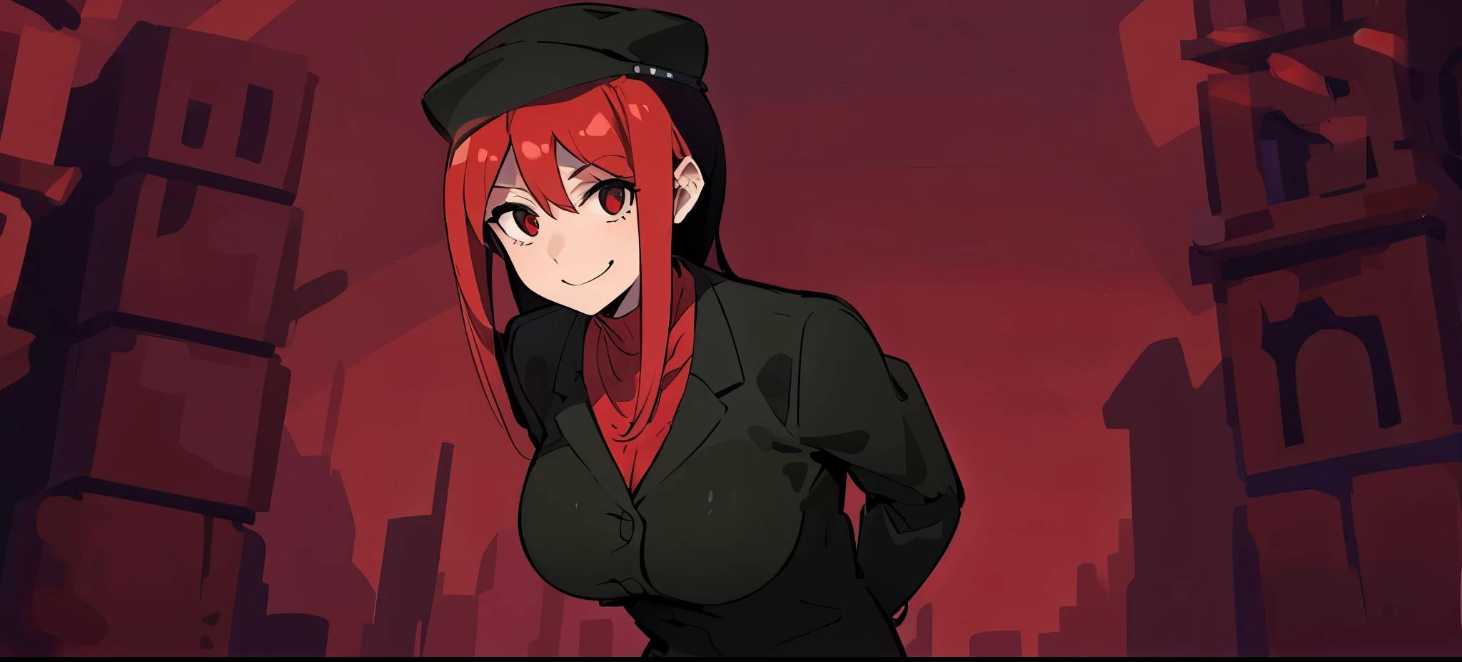 Improve this image, improve the shadows and lights, lighting is slightly reddish shade, black hair with frontal red highlight, and a black hat, with slightly smug happy smile