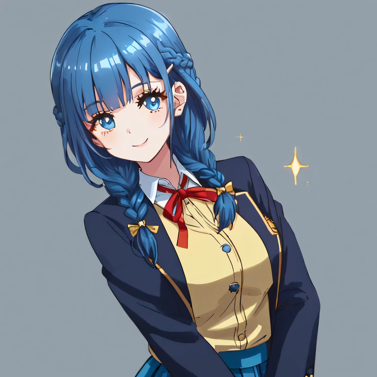 highest quality, (masterpiece:1.2), very detailed, A standing figure of a girl looking at me with a gentle and cute expression and smiling.., Glossy lips that make you want to kiss, nice smile, (((Super cute sparkling big blue eyes and detailed details)), (((blue hair))), , long braids, big shiny golden hair clip, school uniform, Dark blue and navy plaid skirt, ((Luxurious navy blazer with a golden patch on the left chest)), ((red shiny big big school ribbon tie)), very shiny hair、laughter、bright look、Both face and hair catch the light and shine, The corners of the eyes are drooping, Cute braids, The expression of a maiden in love, (((Twin braided hair))), The long skirt fabric has a beautiful deep blue checkered pattern...., double eyelid, ((long eyelashes and long lower eyelashes)), ((bust is not big)), (((the background is pure white))), less bangs, shot from the side