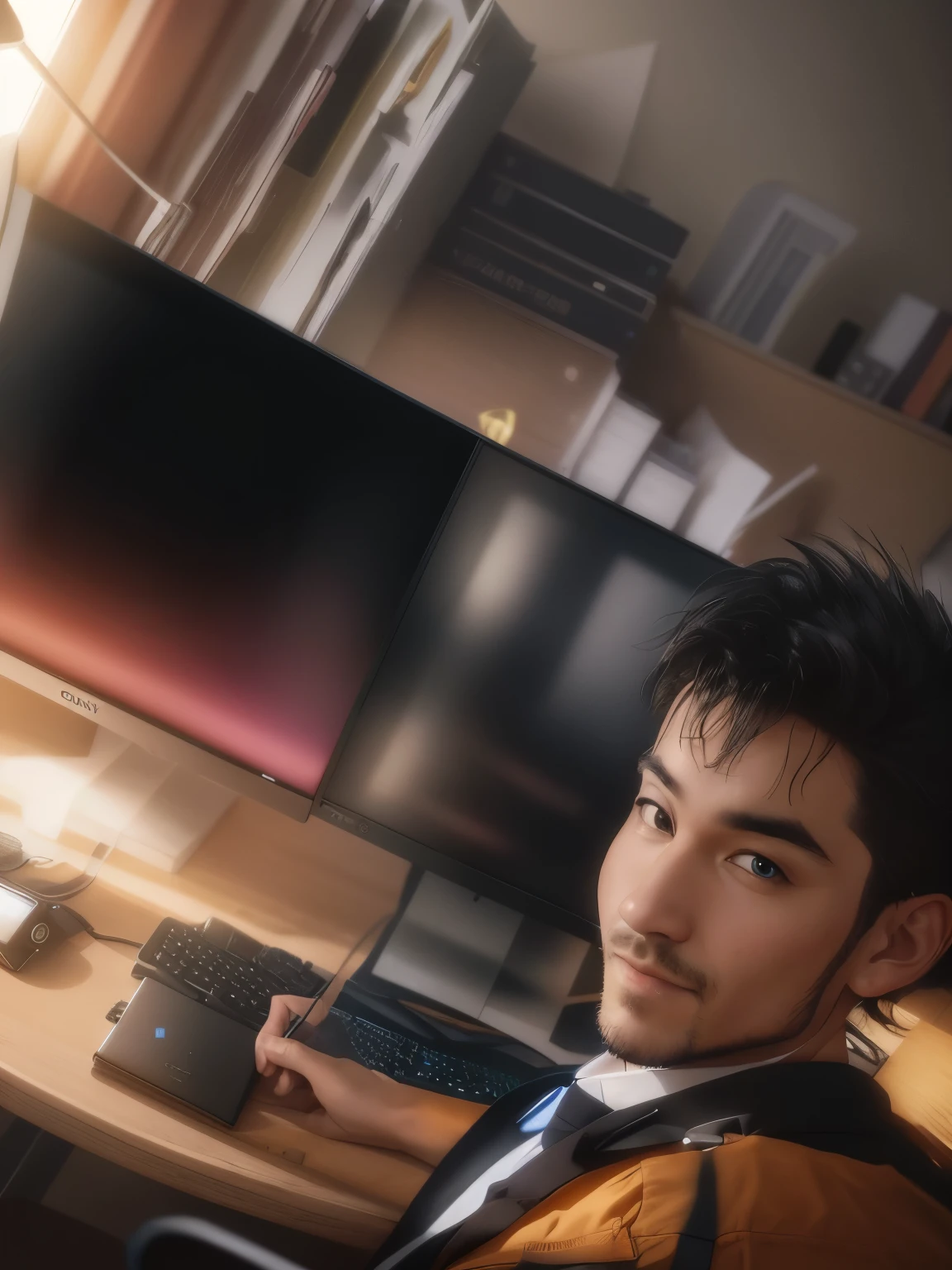 there is a man sitting at a desk with two computer monitors, in front of a computer, 8k selfie photograph, using his desktop pc, sitting in front of computer, taken with sony a7r camera, twitch streamer / gamer ludwig, wideangle portrait, taken with sony alpha 9, sitting at a computer desk, looking at monitor