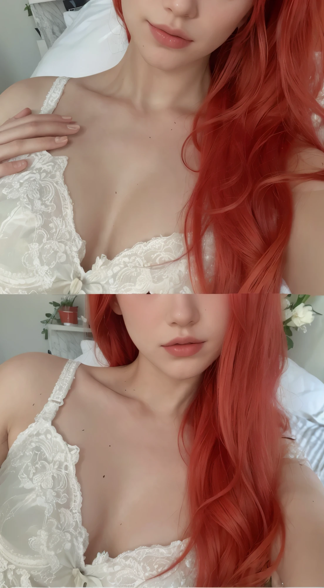 a close-up of a red-haired woman wearing a bra, better known as amoranto, pele vermelha lisa, amoranto, fair and pale skin!!, look sexy at the camera, very very pale white skin, ela tem cabelo ruivo, very pale white skin, she is facing the camera, very very very pale white skin, she is bullshit, with pale skin