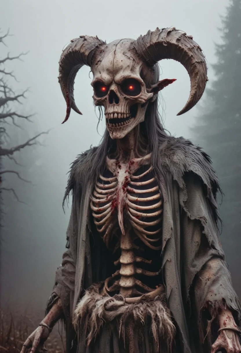 full body shot, skeleton with horns, (wearing bloody animal fur:1.8), viking style, looking evil at viewer, grabing viewer, skeleton hand towards viewer,swampy moor background with fog, zkeleton 