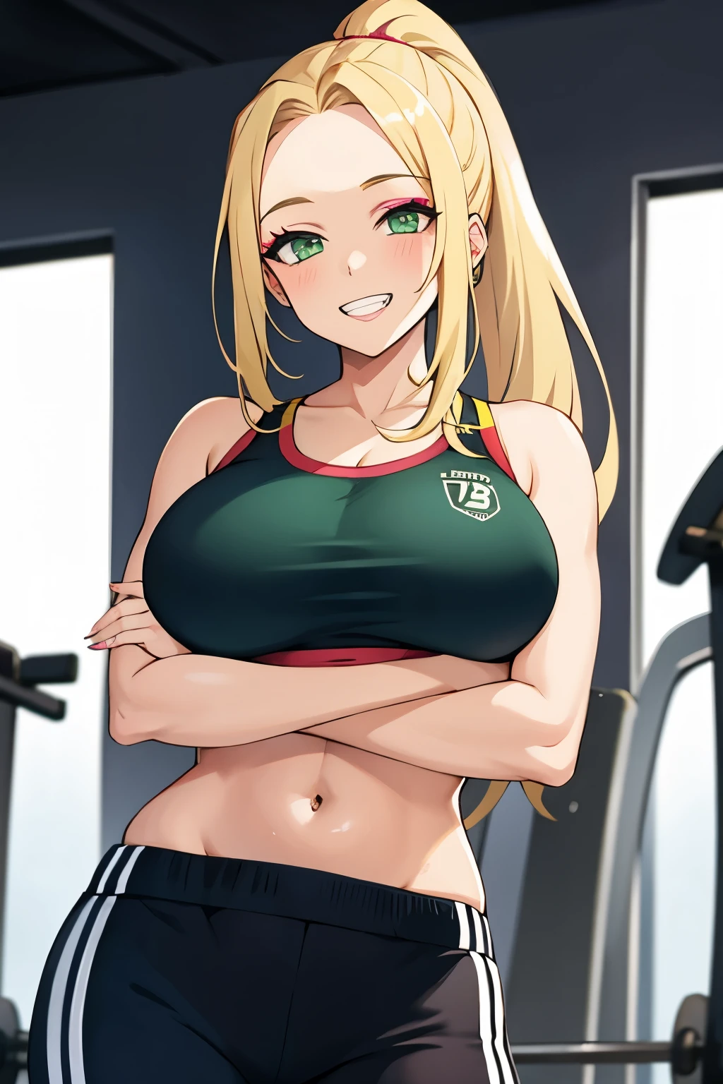 one girl, blonde hair, dark green eyes, long hair, forehead, ponytail, sport bra,gym outfit, (makeup), big breasts,happy smile,clenched teeth, crossed arms, gym, shining eyes