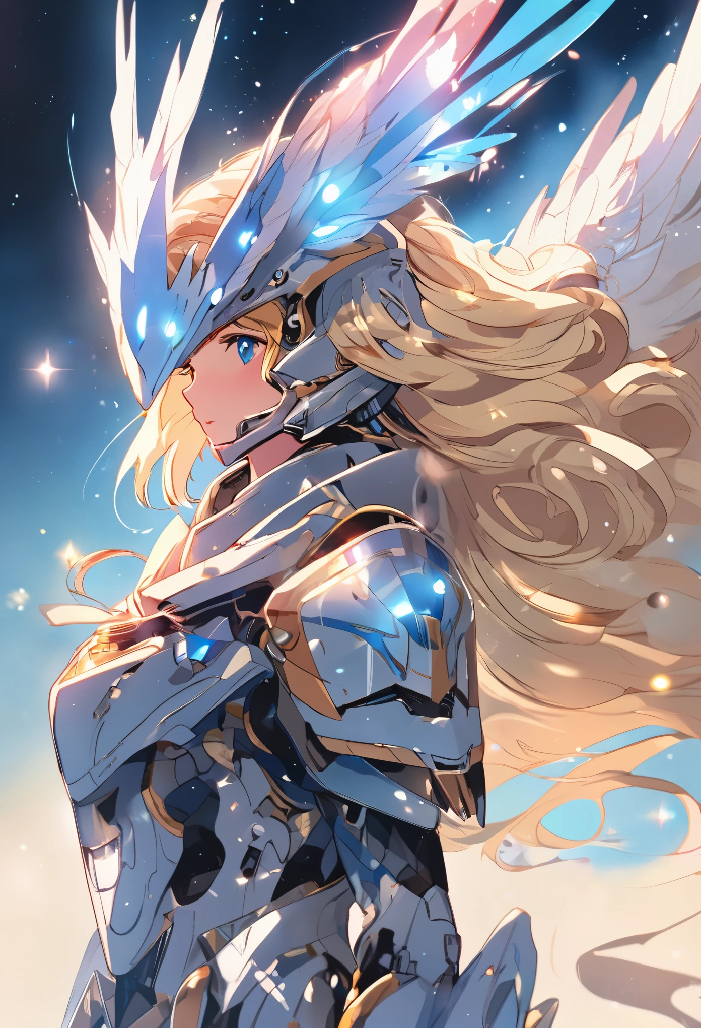 (((masterpiece))),16k,best quality, illustration, Earth, water,fire,wind,space,1 girl,blonde hair,Beautiful mecha,shining armor,eagle helmet,pretty face,scarf,Paper_cut,NSFW