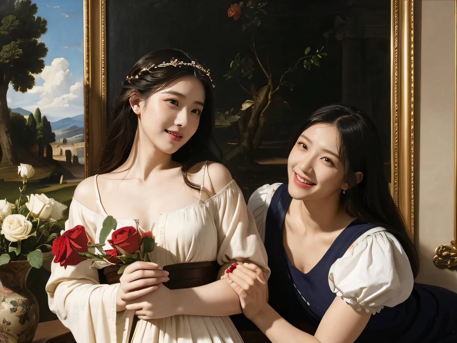 Giorgione painting style,Arguments of two female Philosophe,math、astronomical machine、astronaut、roses in vase、fruits、Cute trinkets、smile、ancient greek costume、Ancient Roman landscape in the style of Nicolas Poussin,laughter,,Sweet and seductive appearance.、Caravaggio's paintings、Chiaroscuro of Caravaggio、hair tousled by the wind,Two women frolicking,cute smile, expression of ecstasy,Sexy,erotic