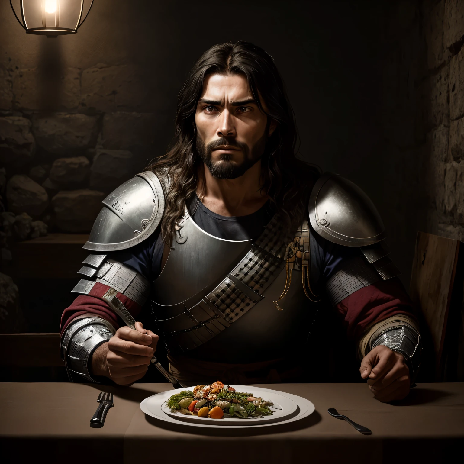 A realistic depiction of Jesus of Nazareth in battle wear and armed, fundo neutro, introspective, fotorrealista, detailed, solemn supper scene, ultra detaled, hyper realista, bright lights, 8K.

A lifelike representation of Jesus of Nazareth wearing battle armor and carrying weapons, set against a neutral background, contemplative in expression, rendered in a hyper-realistic and highly detailed fotorrealista style, featuring a thoughtful and peaceful supper scene under brilliant lights with an 8K ultra-high definition image.