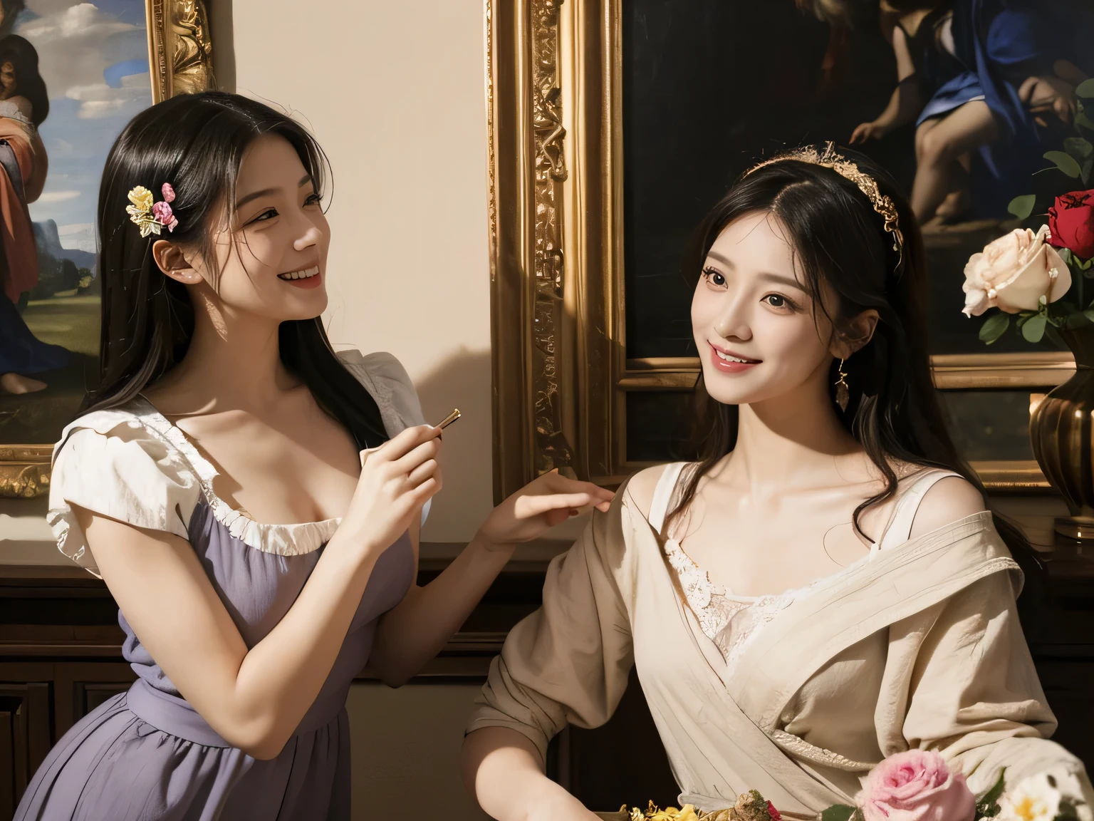 Giorgione painting style,Arguments of two female Philosophe,math、astronomical machine、astronaut、roses in vase、fruits、Cute trinkets、smile、ancient greek costume、Background is a forest lake at night 、Clothes that stretch your shoulders、A big smile、beautiful bare skin、A detailed representation of the seducing woman throughout her body.