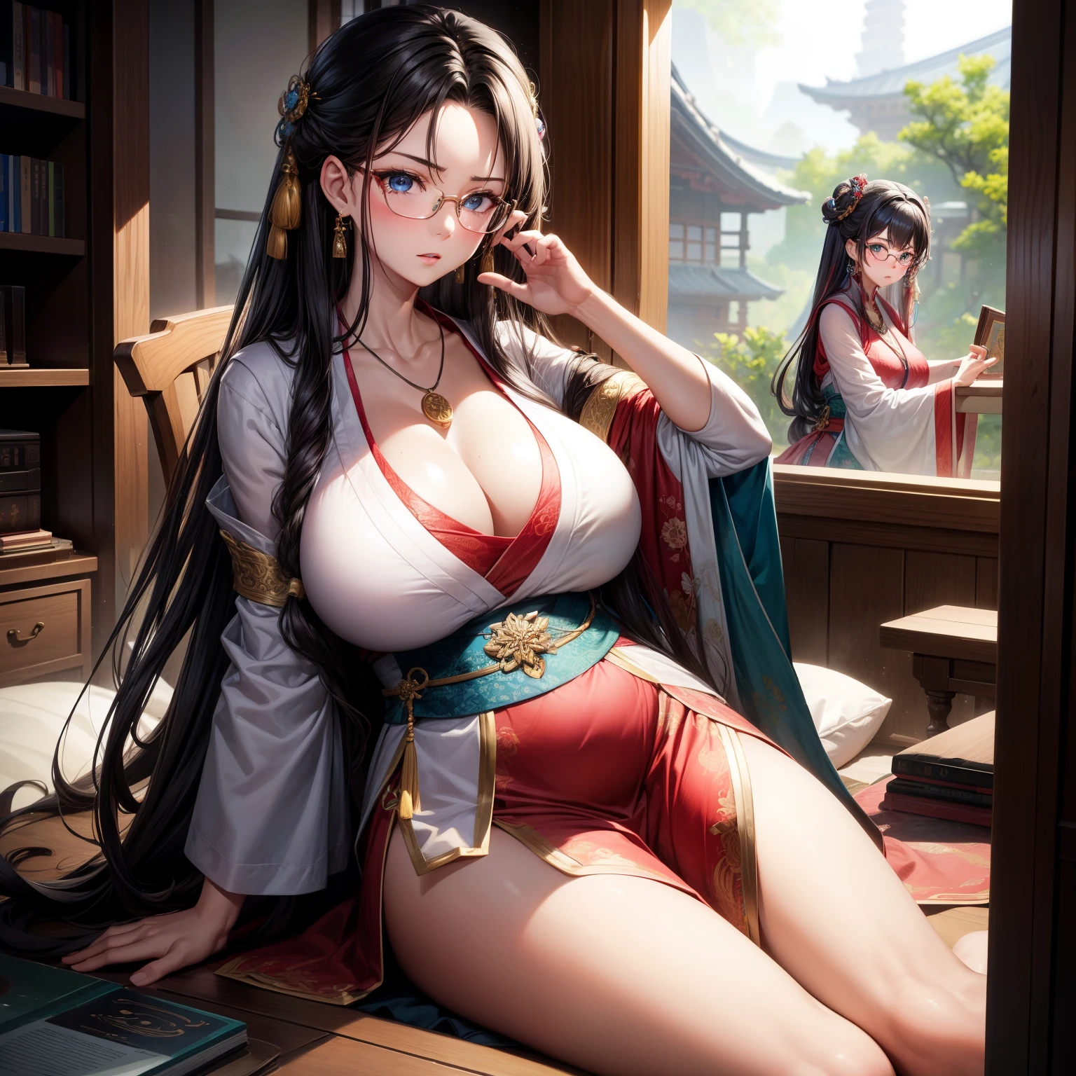 (8k,Super details,best masterpiece,nature,perfect work of art,perfect female figure),two women,sister and sister,sisters,Rainbow hair,perfect face,(huge),neighbor wife,woman hairstyle,elegant wife,mature and exposed,fair skin,messy hair,Perfect sexy body,tone,flirt,Very big,Liu Yao,big ass very detailed,年轻漂亮的teacher,teacher,wear glasses,Wearing loose magical robes,sitting in office,very angry,Detail background,necklace,perfect eyes,, T-shaped small size,huge的山雀