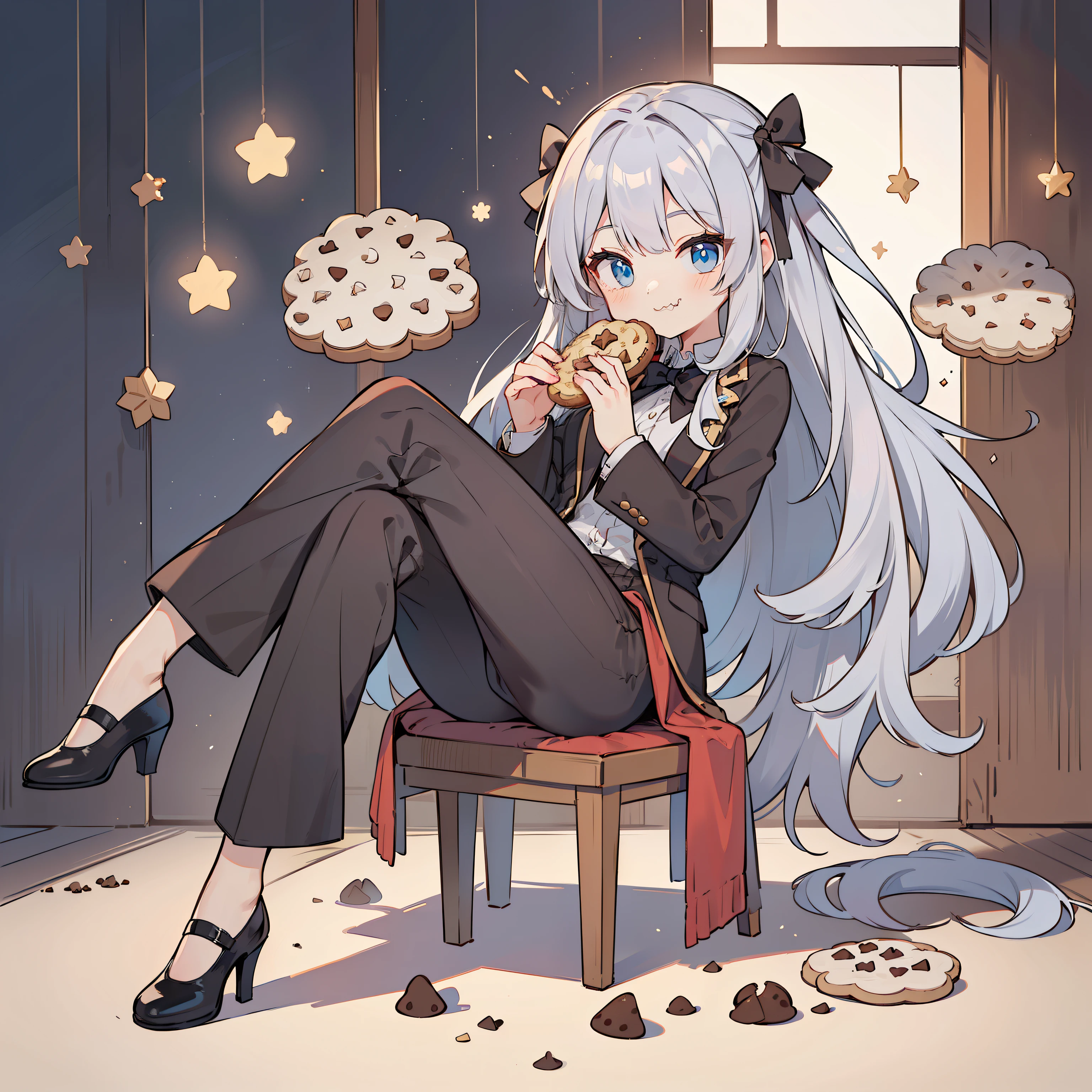 (long silver hair girl),((Eating cookies)),(Pants style with tuxedo),blue eyes,open your mouth, dull smile, Full body Esbian,(((a bit))),(alone),(best image quality, In 8K, masterpiece, Super detailed),(((There are many cookies in the background)))