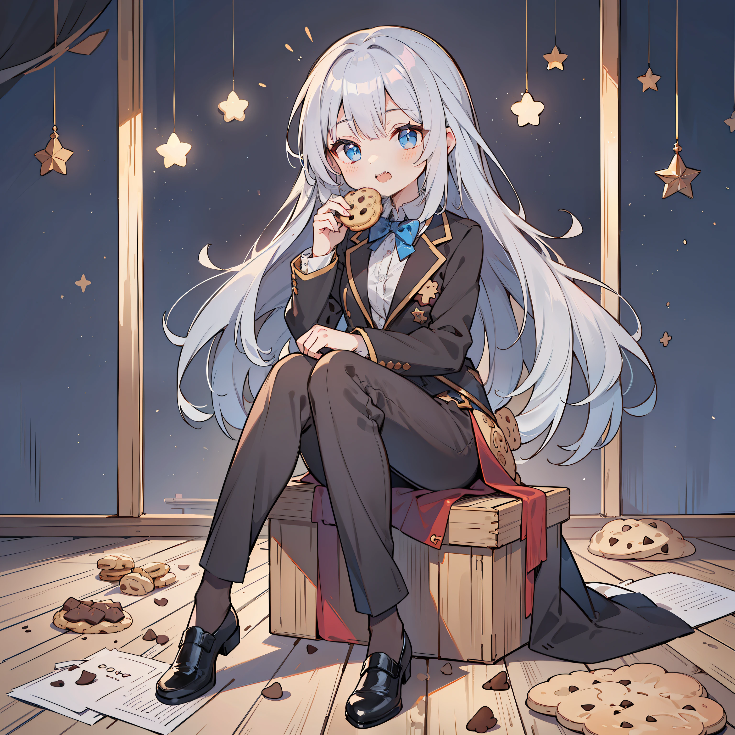 (long silver hair girl),((Eating cookies)),(Pants style with tuxedo),blue eyes,open your mouth, dull smile, Full body Esbian,(((a bit))),(alone),(best image quality, In 8K, masterpiece, Super detailed),(((There are many cookies in the background)))