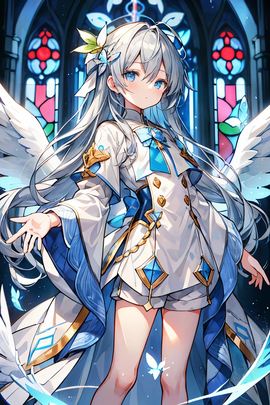 highest quality、detailed face、detailed costumes、detailed background、man solo、teenage boy、Masseter muscle part、long gray hair、horizontal hair、light blue eyes、watch here、look down、close your mouth、golden ratio face、full body esbian、8K high resolution、highest quality、Two pairs of angel wings sprouting from his back、light blue petals、light leak blur effect、particles of light、White shorts、white shorts、White collar short sleeve shirt、light blue ribbon、White Lily、Drawn eyes、fine eyes、delicate fingers and hands、Inner part of a cathedral、stained glass window、illuminated by a spotlight、god々New、Light blue butterfly、dream-like、delicate hair