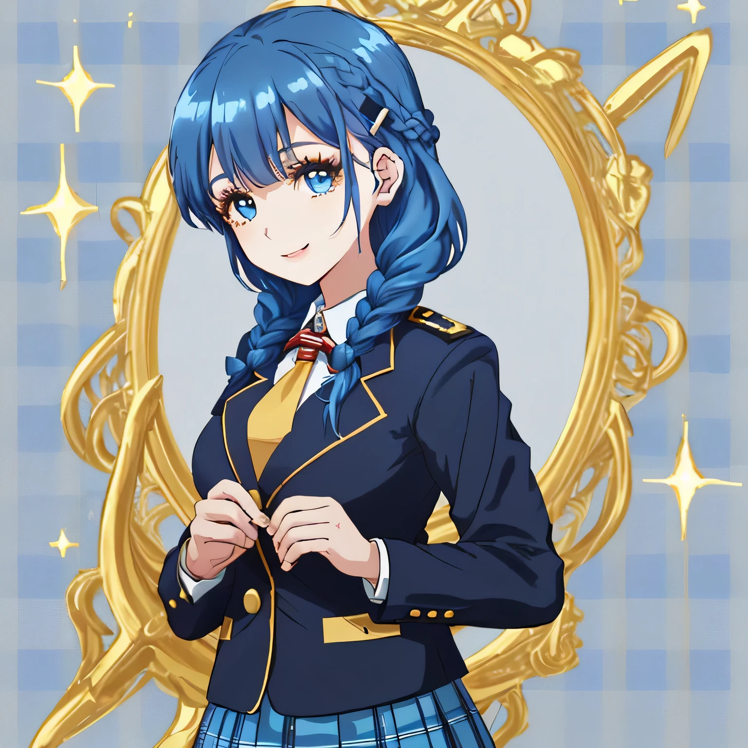 highest quality, (masterpiece:1.2), very detailed, A standing figure of a girl looking at me with a gentle and cute expression and smiling.., Glossy lips that make you want to kiss, nice smile, (((Super cute sparkling big blue eyes and detailed details)), (((blue hair))), , long braids, big shiny golden hair clip, school uniform, Dark blue and navy plaid skirt, ((Navy blazer with gold patch on left chest)), ((big big school red striped ribbon tie)), very shiny hair、laughter、bright look、Both face and hair catch the light and shine, The corners of the eyes are drooping, Cute braids, The expression of a maiden in love, (((Twin braided hair))), The long skirt fabric has a beautiful deep blue checkered pattern...., double eyelid, ((long eyelashes and long lower eyelashes)), ((bust is not big)), (((the background is pure white))), less bangs, shot from the side