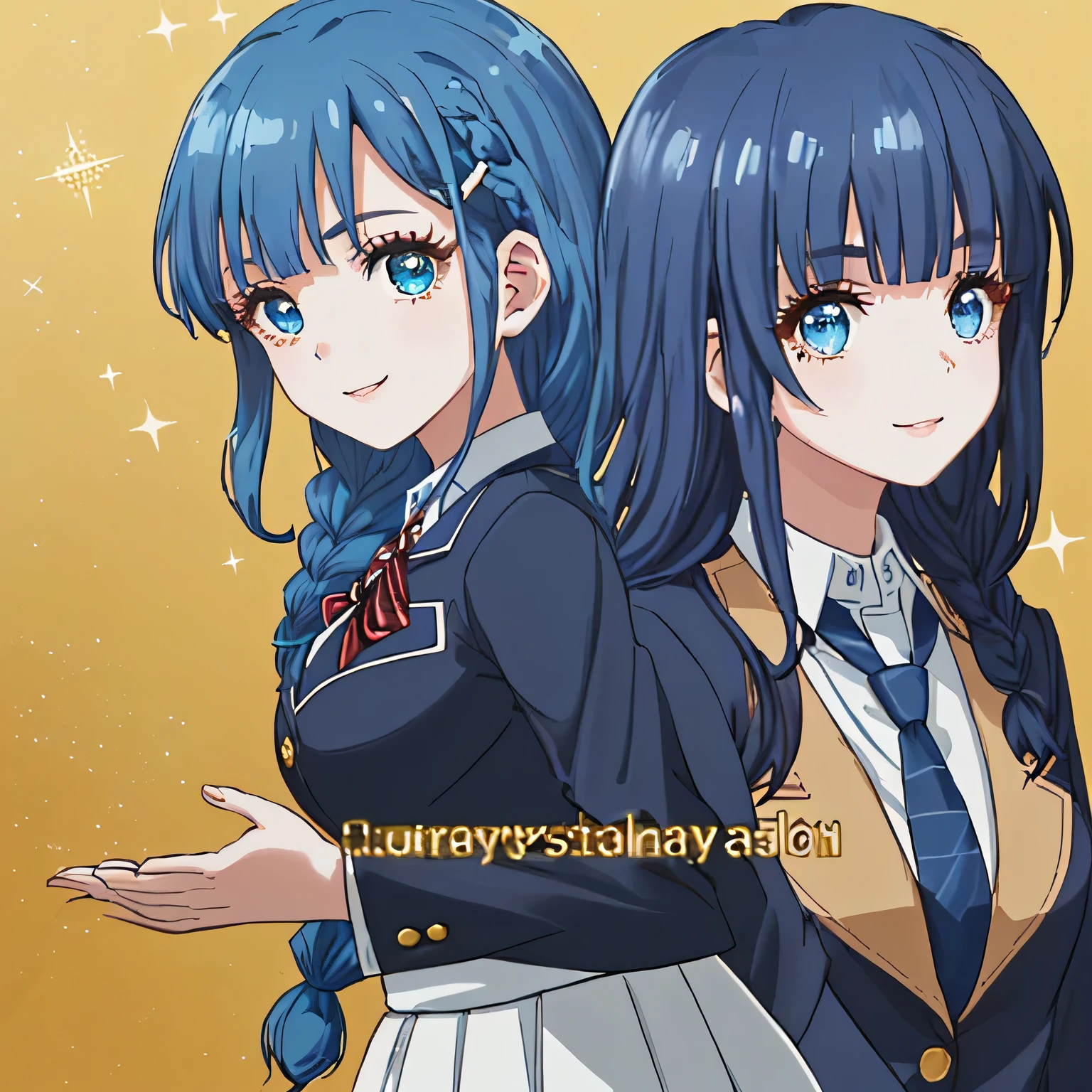 highest quality, (masterpiece:1.2), very detailed, A standing figure of a girl looking at me with a gentle and cute expression and smiling.., Glossy lips that make you want to kiss, nice smile, (((Super cute sparkling big blue eyes and detailed details)), (((blue hair))), 15 years old, long braids, big shiny golden hair clip, school uniform, Dark blue and navy plaid skirt, ((Navy blazer with gold patch on left chest)), ((big big school red striped ribbon tie)), very shiny hair、laughter、bright look、Both face and hair catch the light and shine, The corners of the eyes are drooping, Cute braids, The expression of a maiden in love, (((Twin braided hair))), The long skirt fabric has a beautiful deep blue checkered pattern...., double eyelid, ((long eyelashes and long lower eyelashes)), ((bust is not big)), (((the background is pure white))), less bangs, shot from the side