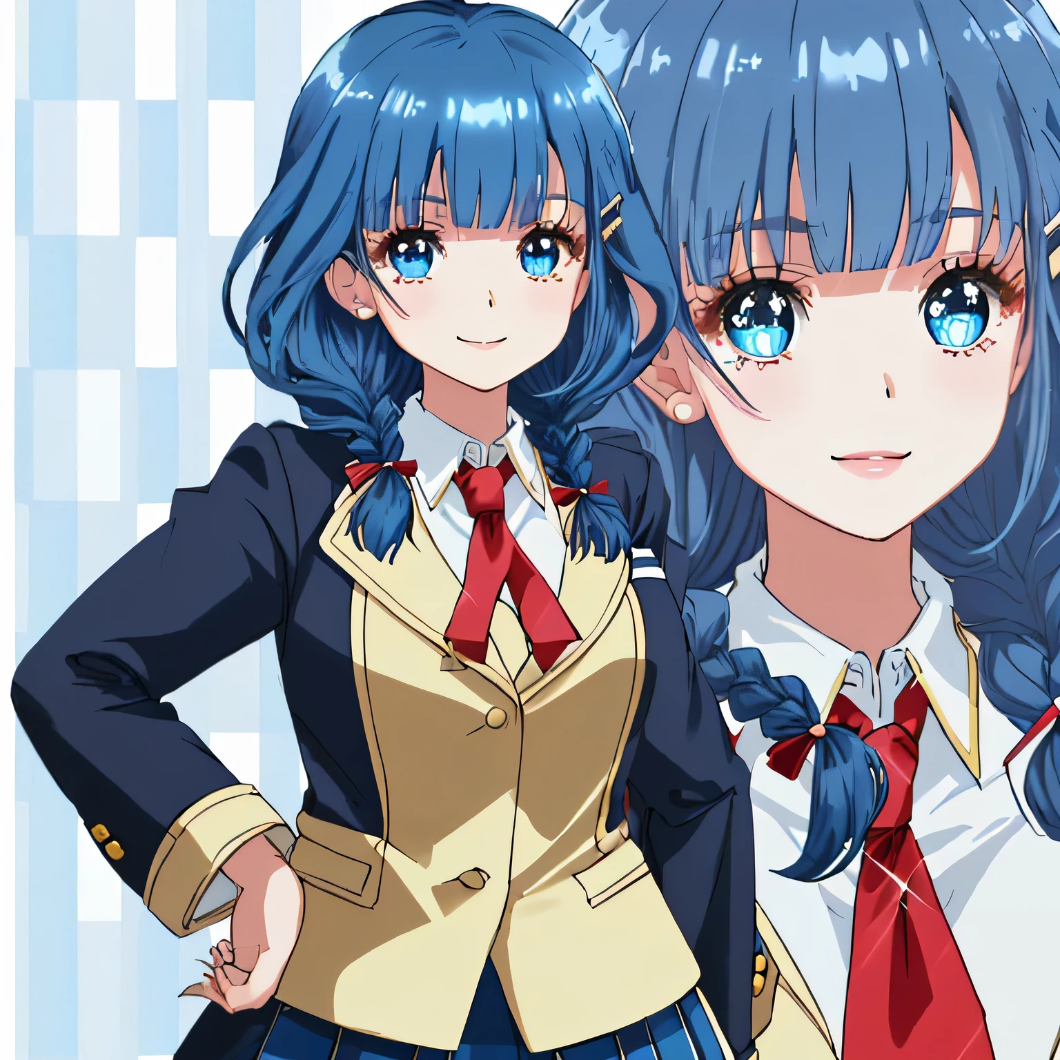 highest quality, (masterpiece:1.2), very detailed, A standing figure of a girl looking at me with a gentle and cute expression and smiling.., Glossy lips that make you want to kiss, nice smile, (((Super cute sparkling big blue eyes and detailed details)), (((blue hair))), 15 years old, long braids, big shiny golden hair clip, school uniform, Dark blue and navy plaid skirt, ((Navy blazer with gold patch on left chest)), ((big big school red striped ribbon tie)), very shiny hair、laughter、bright look、Both face and hair catch the light and shine, The corners of the eyes are drooping, Cute braids, The expression of a maiden in love, (((Twin braided hair))), The long skirt fabric has a beautiful deep blue checkered pattern...., double eyelid, ((long eyelashes and long lower eyelashes)), ((bust is not big)), (((the background is pure white))), less bangs, shot from the side