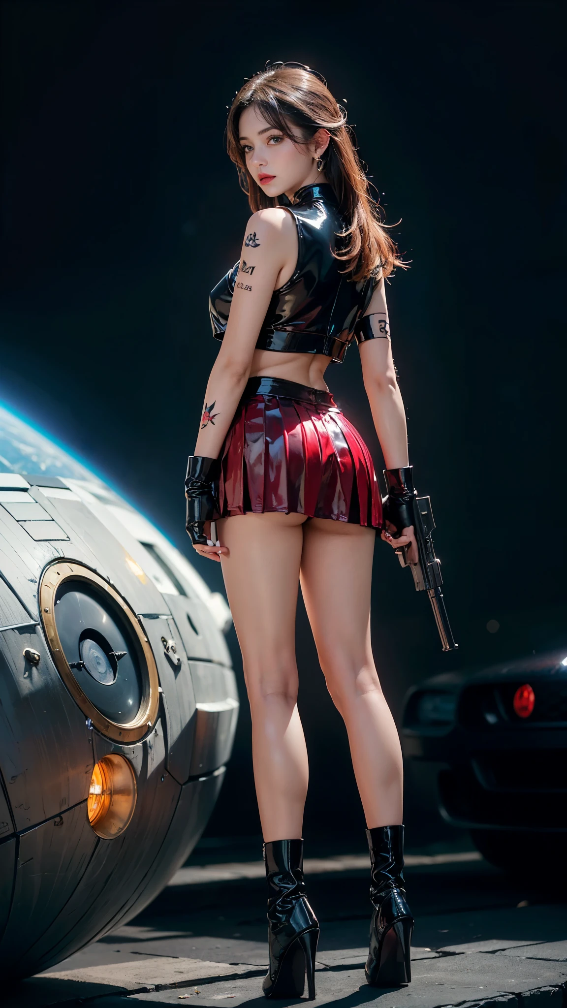 ((masterpiece:1.4)、(highest quality:1.4)、(realistic:1.7))、master piece:1.4、(Finest rendering:1.4)、(Female SWAT member of the Space Federation 73rd Division:1.4)、Super beautiful捜査官、(Written by Luis Royo:1.4)、(hold a gun:1.2)、body fit sexy uniform、(Luxurious shiny latex:1.4)、(navy blue sleeveless uniform jacket)、(underwear white sexy super ultra bikini)、(luxury red latex:1.4)、(red pleated mini skirt:1.4)、22 years old、(cute tattoo:1.4)、(wearing white gloves)、cute girl、Super beautiful、sharp focus、portrait photography:1.4、8k、realistic photo images:1.4、(perfect female body:1.4)、perfect proportions、(full body photography:1.4)、beautiful face、fearless look、beautiful eyes、narrow waist、(9 life size beautiful style girl)、(Beautiful girl with long legs and good style:1.4)、beautiful feet、(long hair:1.2)、beautiful breasts、big breasts:1.2、sexy butt、(standing facing forward:1.4)、Raw photo、red lips、red high heels:1.4、choker:1.4、necklace:1.4、earrings:1.4、1 screen display、Beautiful night view of cyberpunk city:1.2