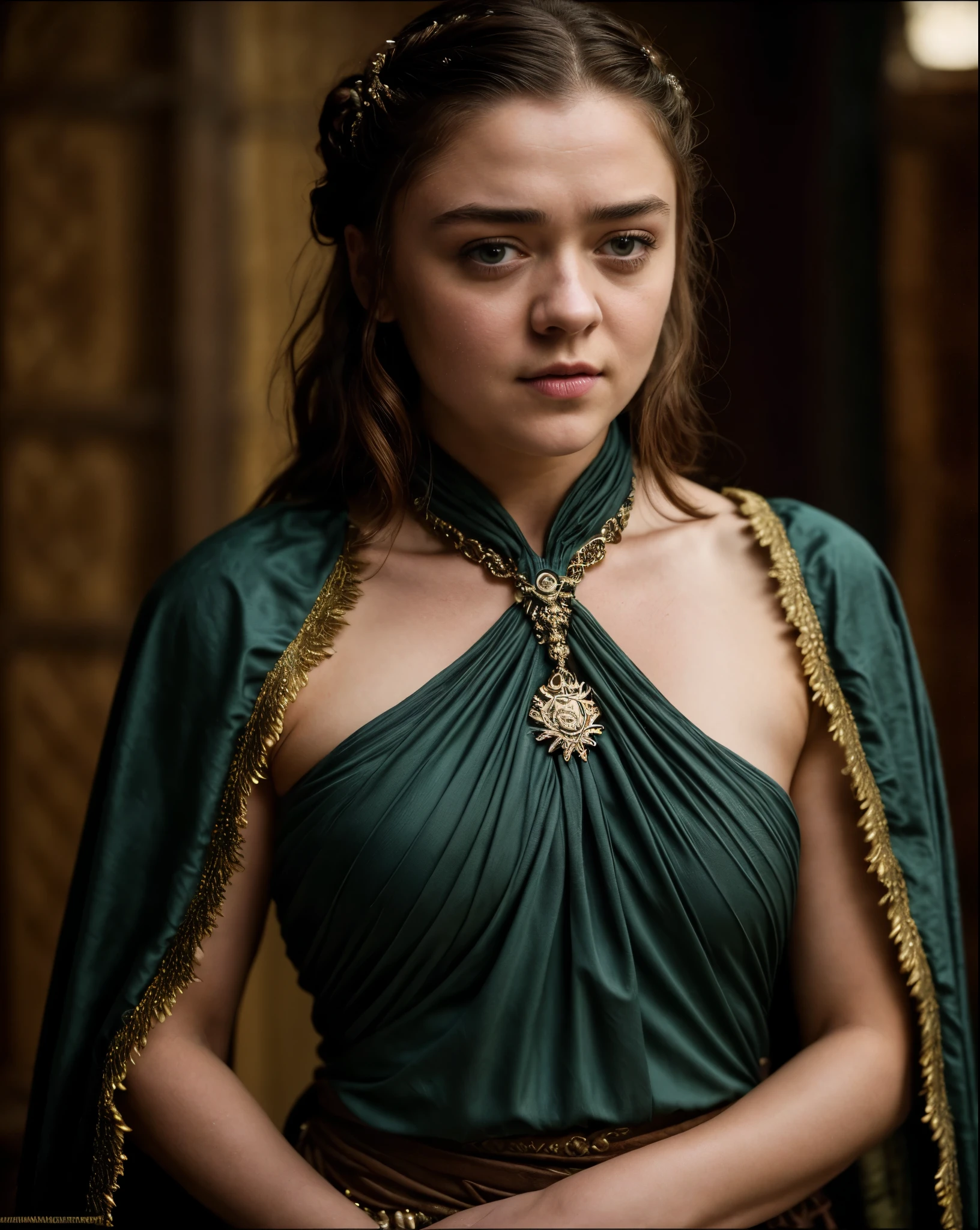 Foto RAW, Arya Stark, Extremely gorgeous lady, Arya Stark PLAYED BY MAISIE WILLIAMS, Queen Arya Stark, she  a mature woman now, milf, sexy mediaeval battle dress, gladiator woman, body, 40 years old Woman, body revealing costumes, perky breast, big natural breast, erotic costumes, lusty physique, seductive figure can capture every people's attention, Game of thrones costumes, revealing captivating figure, Mediaeval costumes, revealing clothes, A tomboy, she would rather fence than dance, warrior queen , game of thrones screen caps, Game of Thrones Series, (pele altamente detalhada: 1.2), 8k UHD, DSLR, soft-lighting, alta qualidade, grain of film, Fujifilm XT3, flawless picture, highly detailed, detailed Beauty, intricate, 32k, sharp picture,