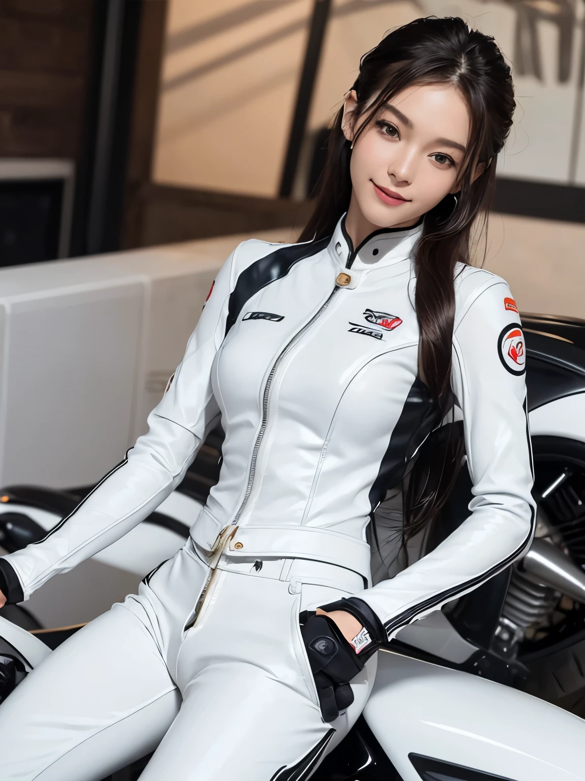 ((highest quality)), ((masterpiece)), (detailed motorcycle), perfect face、Accurate five-fingered hands、double eyelids、small face、realistic skin texture、full body shot、long legs、Beauty、((white rider suit and pants))、smile、slender body、Moist eyes、((riding a motorcycle))