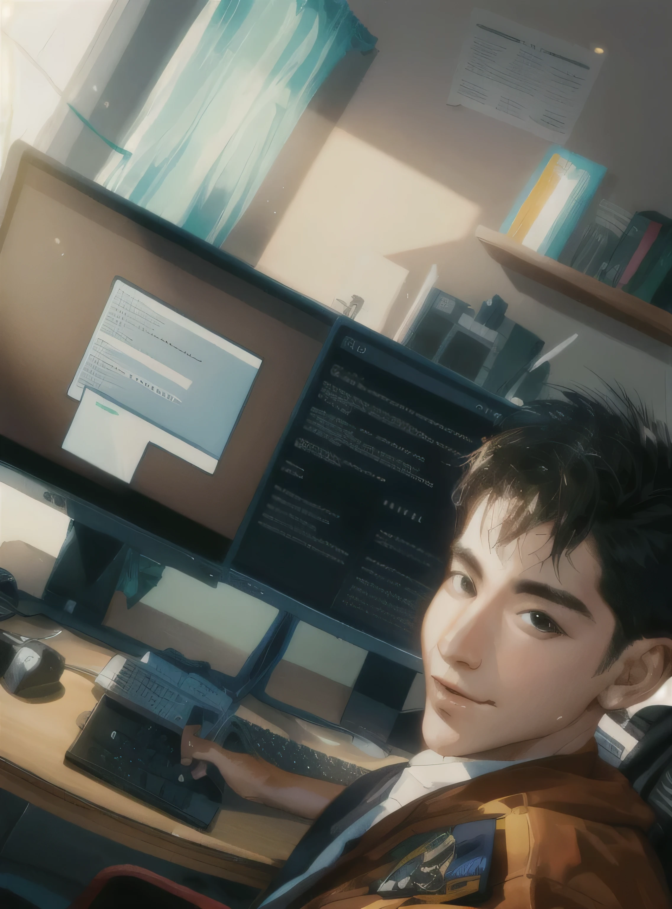 there is a man sitting at a desk with two computer monitors, in front of a computer, 8k selfie photograph, using his desktop pc, sitting in front of computer, taken with sony a7r camera, twitch streamer / gamer ludwig, wideangle portrait, taken with sony alpha 9, sitting at a computer desk, looking at monitor