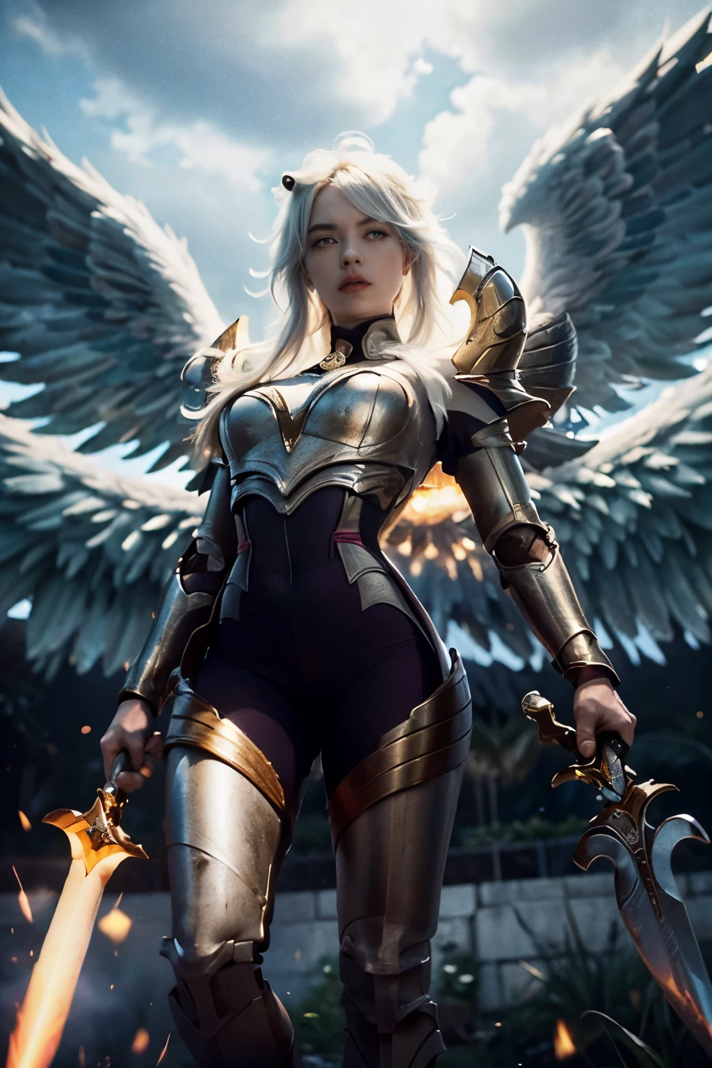 (1 chica), (solo), Nicola Coughlan \(League of Legends\), The highest image quality, ((extremadamente detallado), (8K, foto cruda, Mejor calidad, Obra maestra: 1.2), (realista, Photo realista: 1.4), , ultrarrealismo, high resolution, imagen de cuerpo completo, (angel, Grandes alas de angel blanco con platiado), piernas largas perfectas, ojo azul y el otro negro ((Espada de Fuego)), Armadura celestial blanca y platido, Cabello negro volando en el viento, Ella esta volando en las nubes
