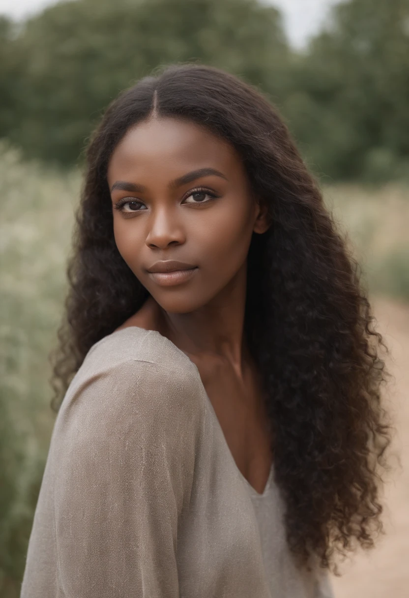Un portrait photoréaliste d'une africaine de 21 ans avec de longs cheveux noirs flottants et des yeux sombres saisissants. Elle doit avoir une expression naturelle et accessible et être éclairée par la douce lumière du soleil dorée. The background should be a picturesque outdoor setting, maybe a park or a sunny beach. Capturez cette image avec une photographie haute résolution à l'aide d'un objectif 85 mm pour une perspective flatteuse.