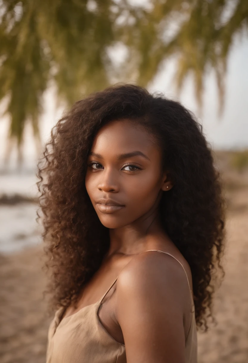 Un portrait photoréaliste d'une africaine de 21 ans avec de longs cheveux noirs flottants et des yeux sombres saisissants. Elle doit avoir une expression naturelle et accessible et être éclairée par la douce lumière du soleil dorée. The background should be a picturesque outdoor setting, maybe a park or a sunny beach. Capturez cette image avec une photographie haute résolution à l'aide d'un objectif 85 mm pour une perspective flatteuse.