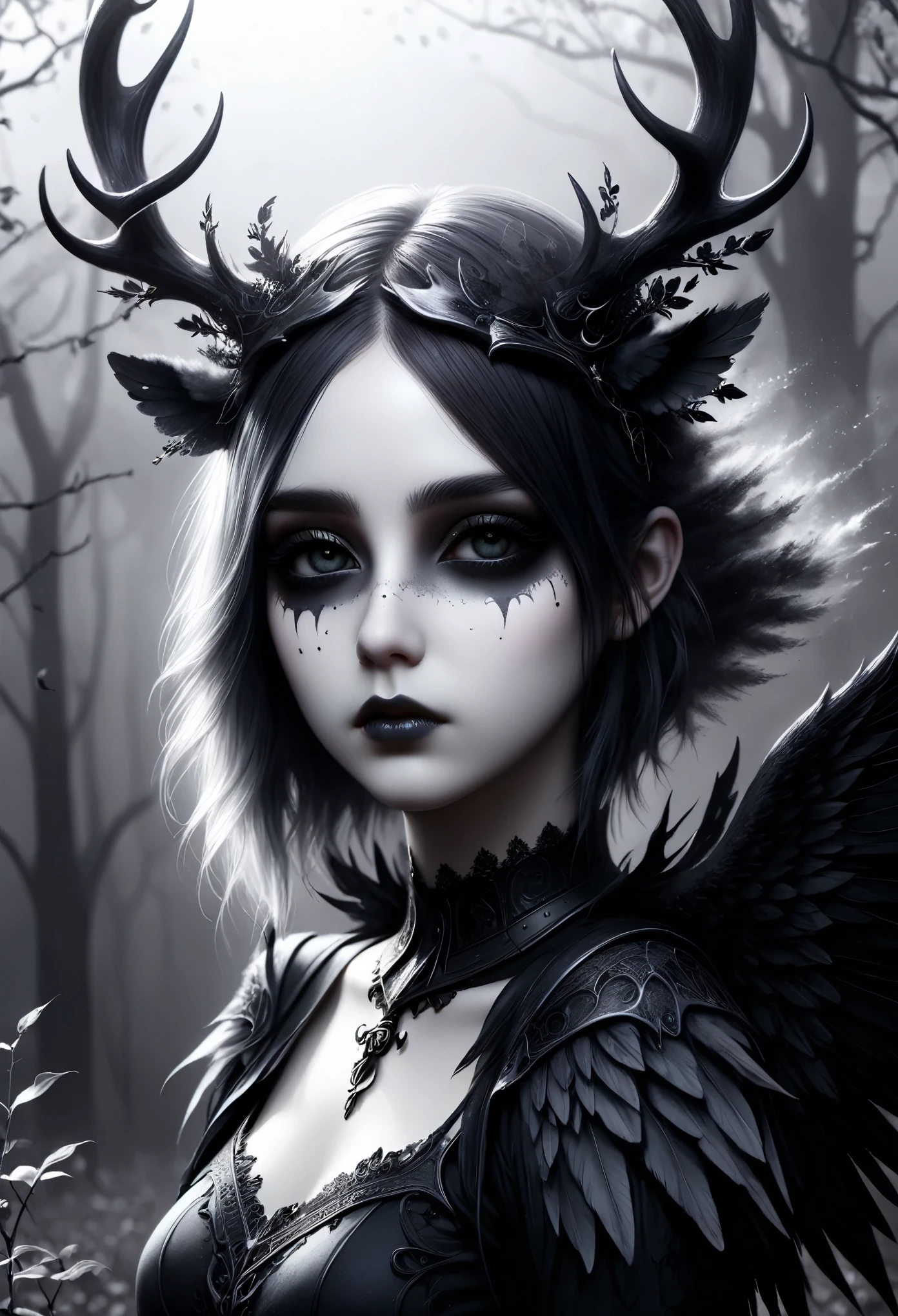(best quality,4k,8k,highres,masterpiece:1.2),ultra-detailed,(realistic,photorealistic,photo-realistic:1.37),angelic goth girl,(black and white,monochrome:0.9) wings,(dark,shadowy:0.9) colored antlers,bandages covering her eyes,detailed face description,dark and mysterious atmosphere,misty garden background,vivid colors,studio lighting