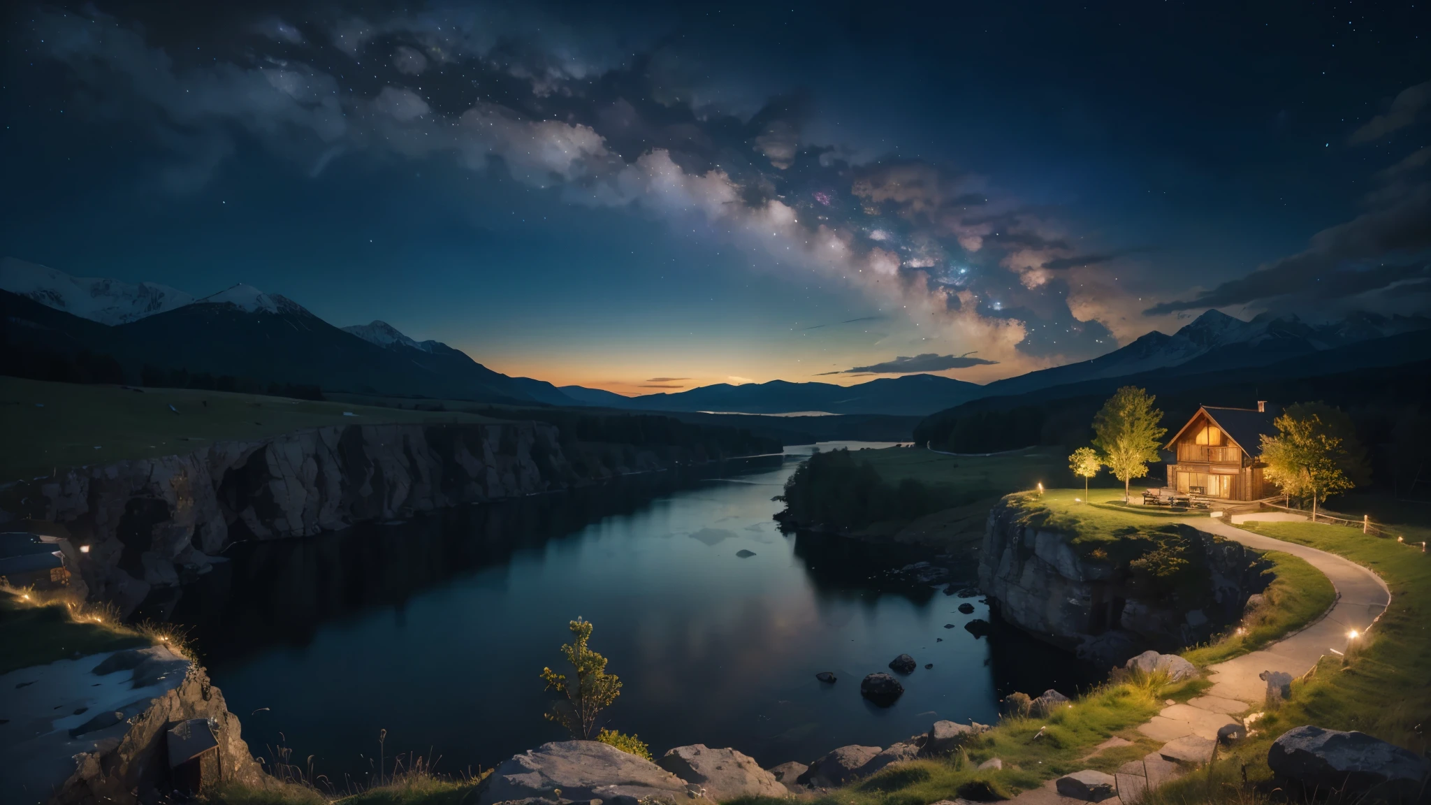 Starry lake and cabin with path, 4k high definition matte digital, Dawn nature landscape, Galactic environment, 4k highly detailed digital art, Beautiful art ultra hd 4k,, Starry Sky 8K, Mark Adams, Stunning landscape images, Milky Way Landscape, Realism