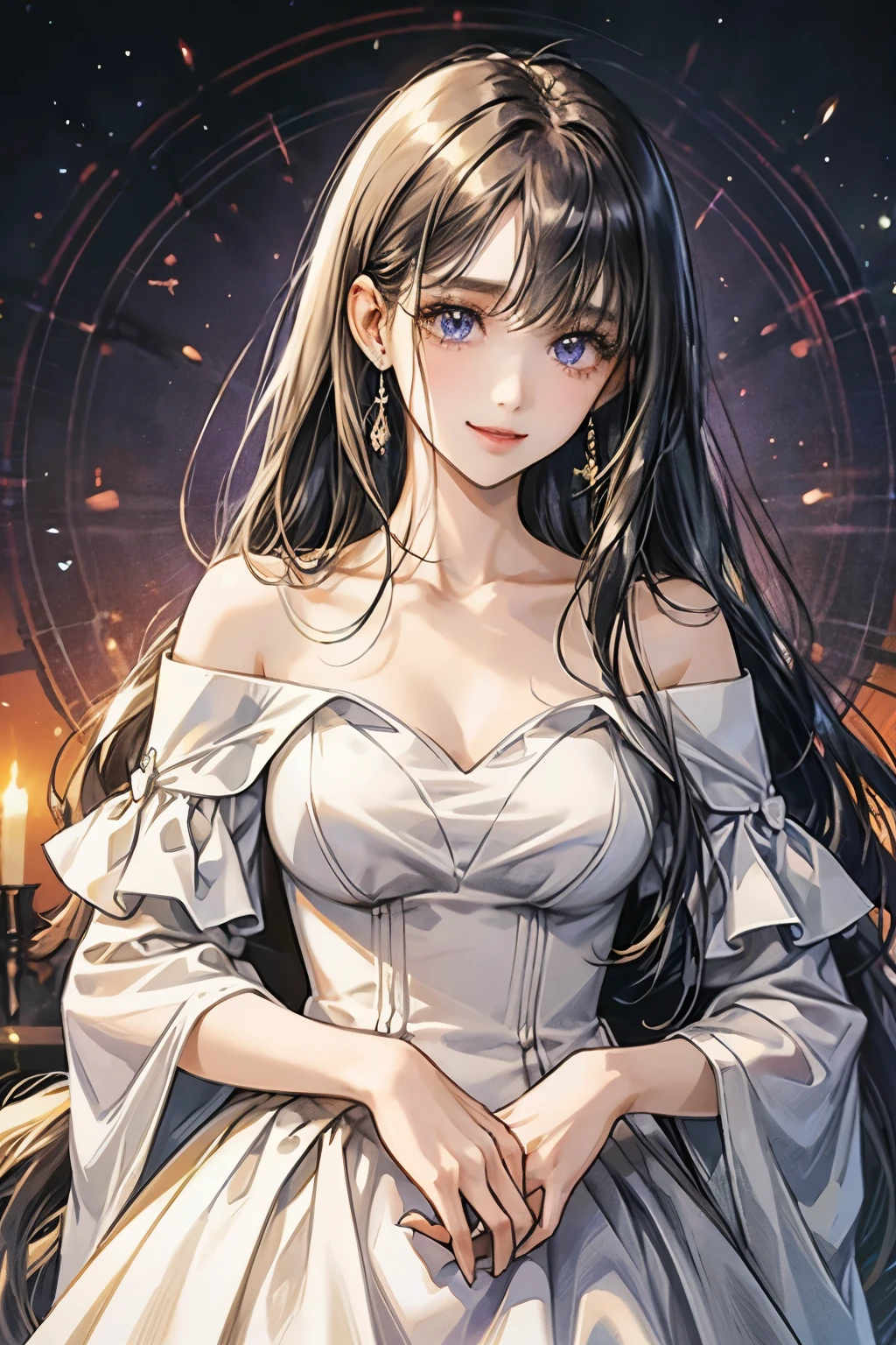 droopy eyes、smile、17 year old female、straight hair、((long hair girl))、Girl with bangs、detailed face、pretty face、((best image quality))、mole、white dress、Off-the-shoulder dress、off shoulder dress、hair arrangement、half up、simple background、stand、stand女の子、まっすぐstand、1 girl、purple eyes、Duck mouth、kind face
