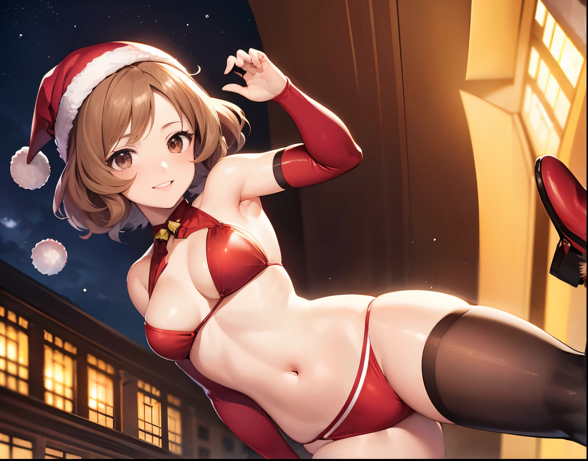 1girl, solo, masterpiece, best quality, high res, highly detailed, (illustration), beautiful detailed eyes,haru okumura, (brown eyes:1.5), brown hair, short hair,, glossy lips, makeup, smile, long white santa elbow gloves, (santa bikini), red santa bikini, red bikini, normal red bikini, bikini santa hat, bikini, smile, mouth open, city mall background , posing, perfekt body, cute ,full body, red big shoes, lovely smile, standing pose 