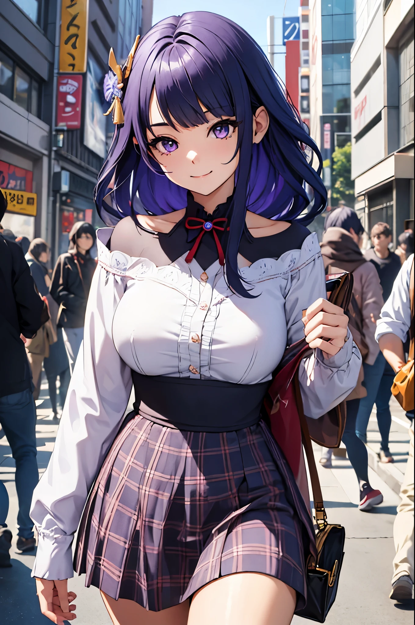 insanely detailed, absurdres, ultra-highres, ultra-detailed, best quality,
1girl, solo, nice hands, perfect hands,
BREAK
jirai kei,plaid skirt, shirt, long sleeves, bow, blue skirt, white shoulder frilly shirt, outdoors, blue bow, long hair, puple hair
BREAK
happy smile, laugh, closed mouth, standing,
,
cute pose, cowboy shot,
BREAK
slender, kawaii, perfect symmetrical face, ultra cute girl, ultra cute face, ultra detailed eyes, shing purple eyes, ultra detailed hair, ultra cute, ultra beautiful,
BREAK
in harajuku, shibuya, tokyo, street, crowd, cityscape,
BREAK
large breasts, perfect body, sexy
