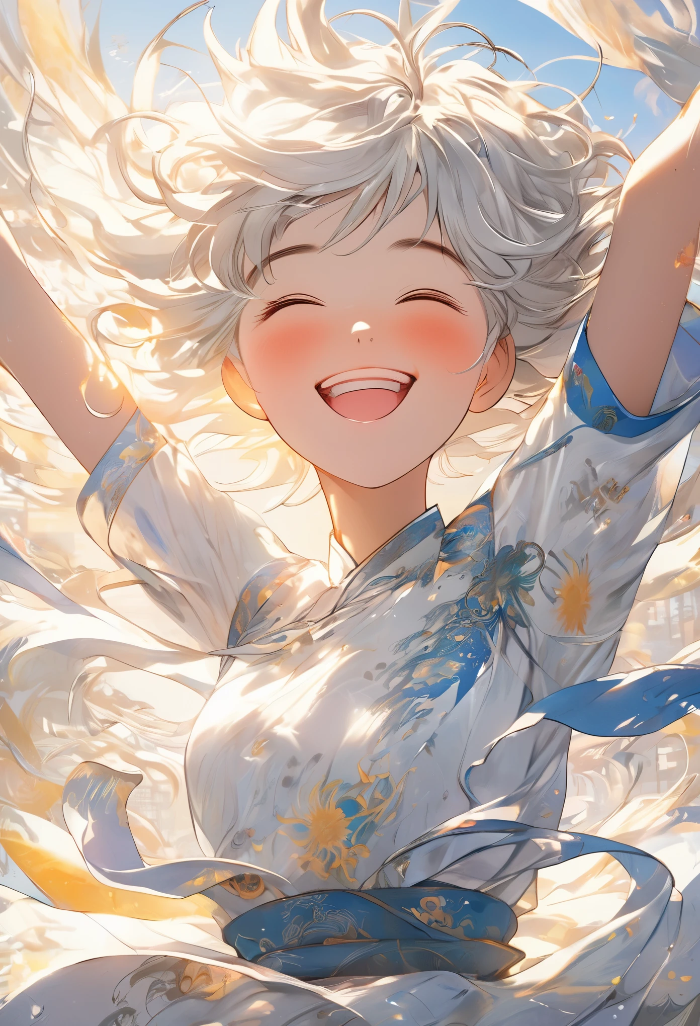 (masterpiece, best quality), (real picture, intricate details), (afternoon, sun, sunny) Hutongkou, embrace the sun, the sun hits the body, Eyes slightly closed. (1 girl, Messy short white hair, embracing the sun, Smile and raise your chin, side) Open your arms,