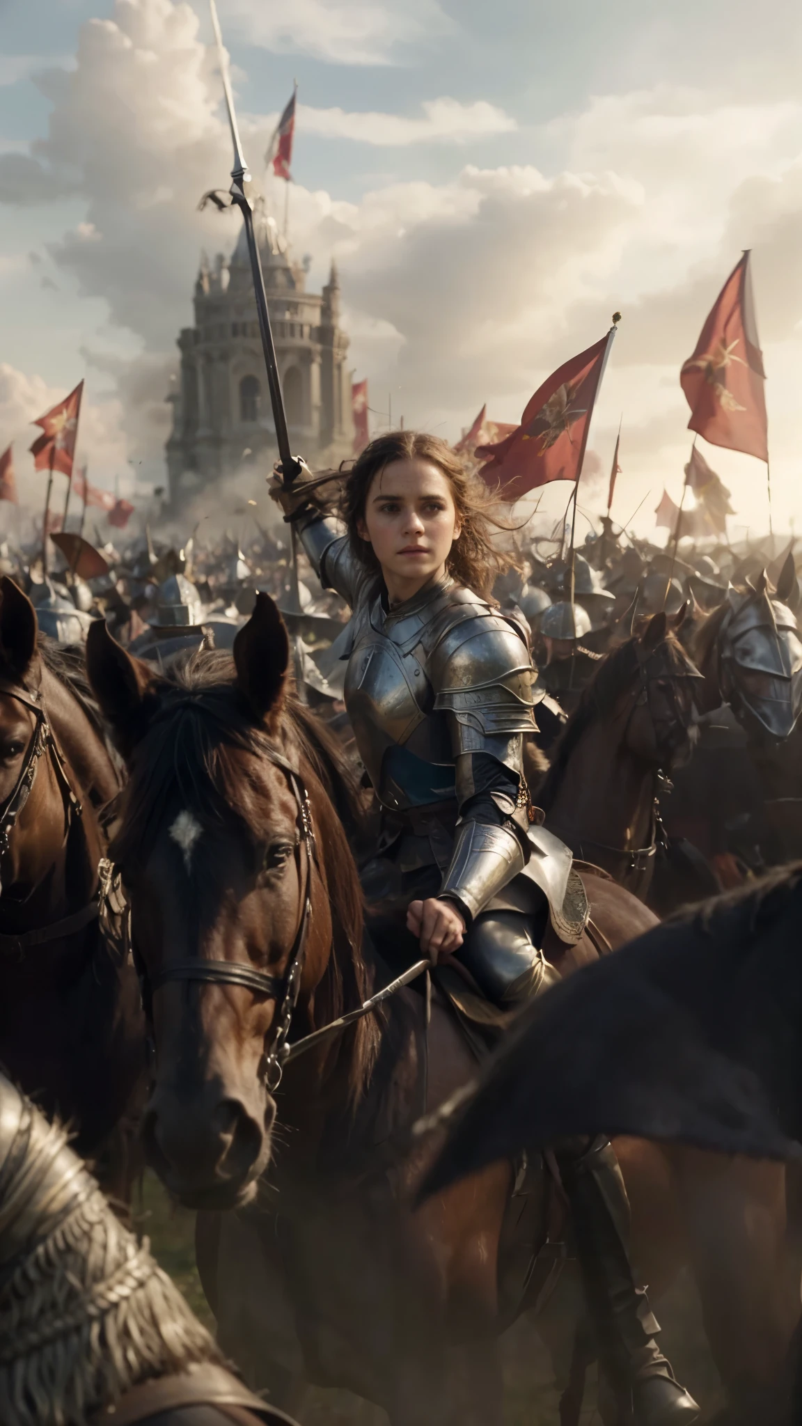 there is a woman riding a horse in a field of people, emma watson as joan of arc, emma watson as a knight, still from a fantasy movie, background: battle scene, annasophia robb as joan of arc, joan of arc, fantasy movie still, the rider carries a large sword, battle scene, scene where she is in rivendell
