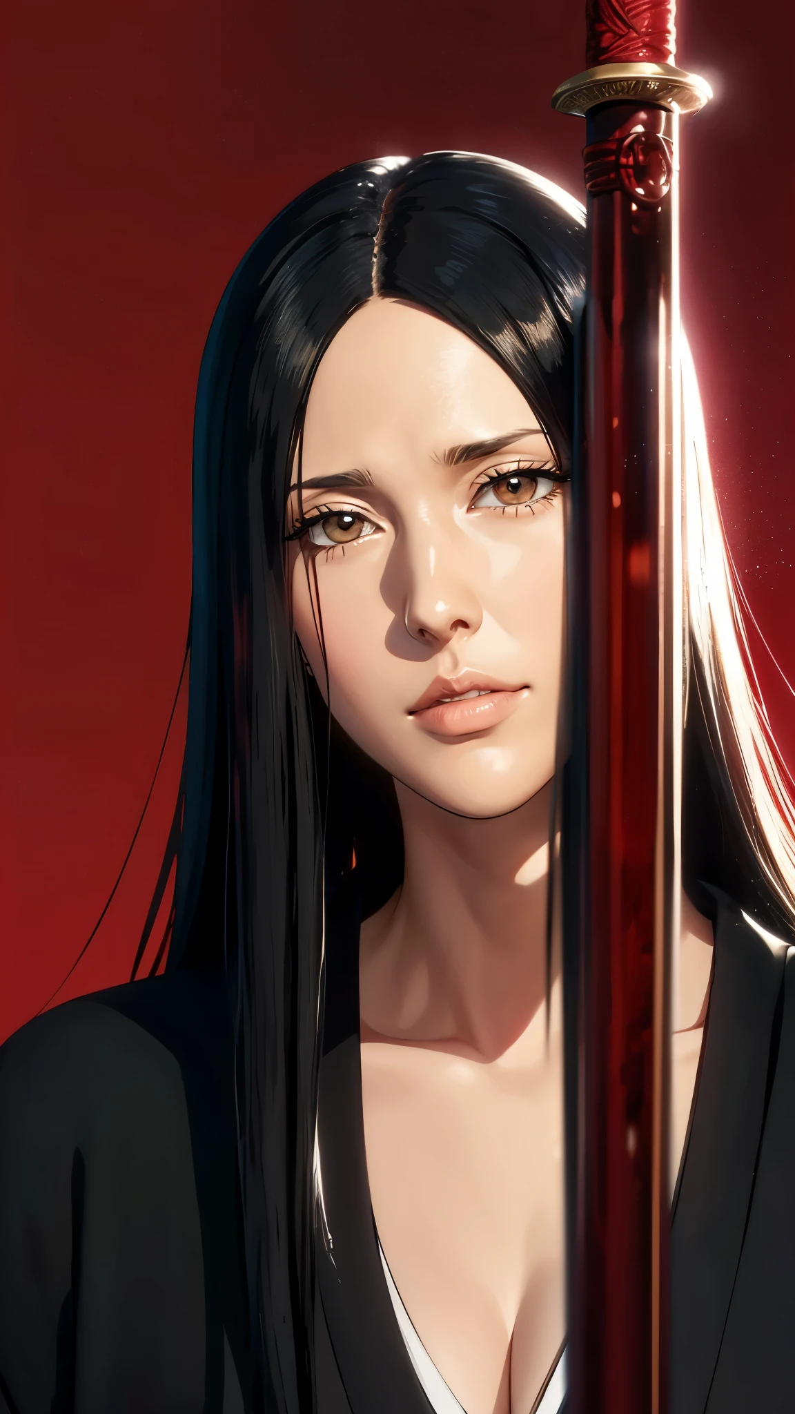 （（（完美figure，figure，（（（bleach，black Japanese clothing, red eyes,unohana））），S型figure:1.7））），((masterpiece)),high resolution, ((Best quality at best))，masterpiece，quality，Best quality，（（（ Exquisite facial features，looking at the audience,There is light in the eyes，Happy，***********nterlacing of light and shadow，））），（（（looking into camera，red background，Blood，holding sword，拿着Blood红色的剑）））