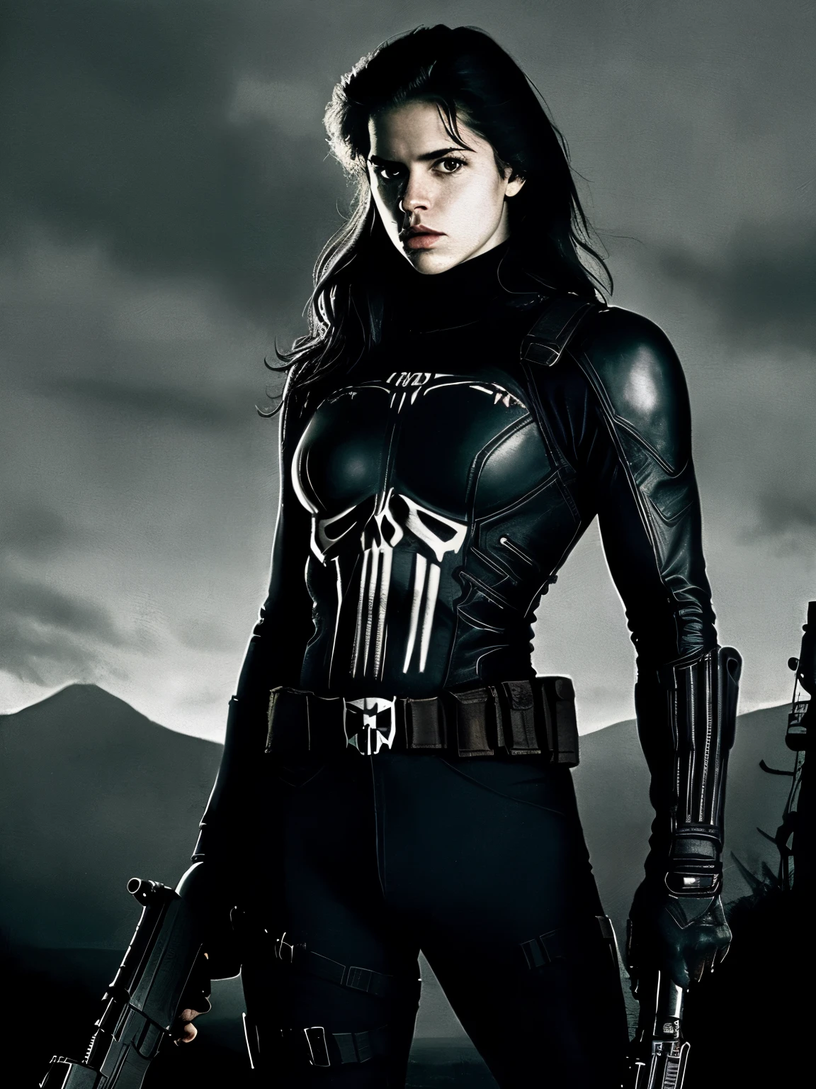 realistic photo, young Linda Hamilton as female version of Punisher, Punisher outfit, Punisher logo, dark photo, dark outfit, dangerous, guns, automatic rifle, intense dark scenery and background, imersive background,