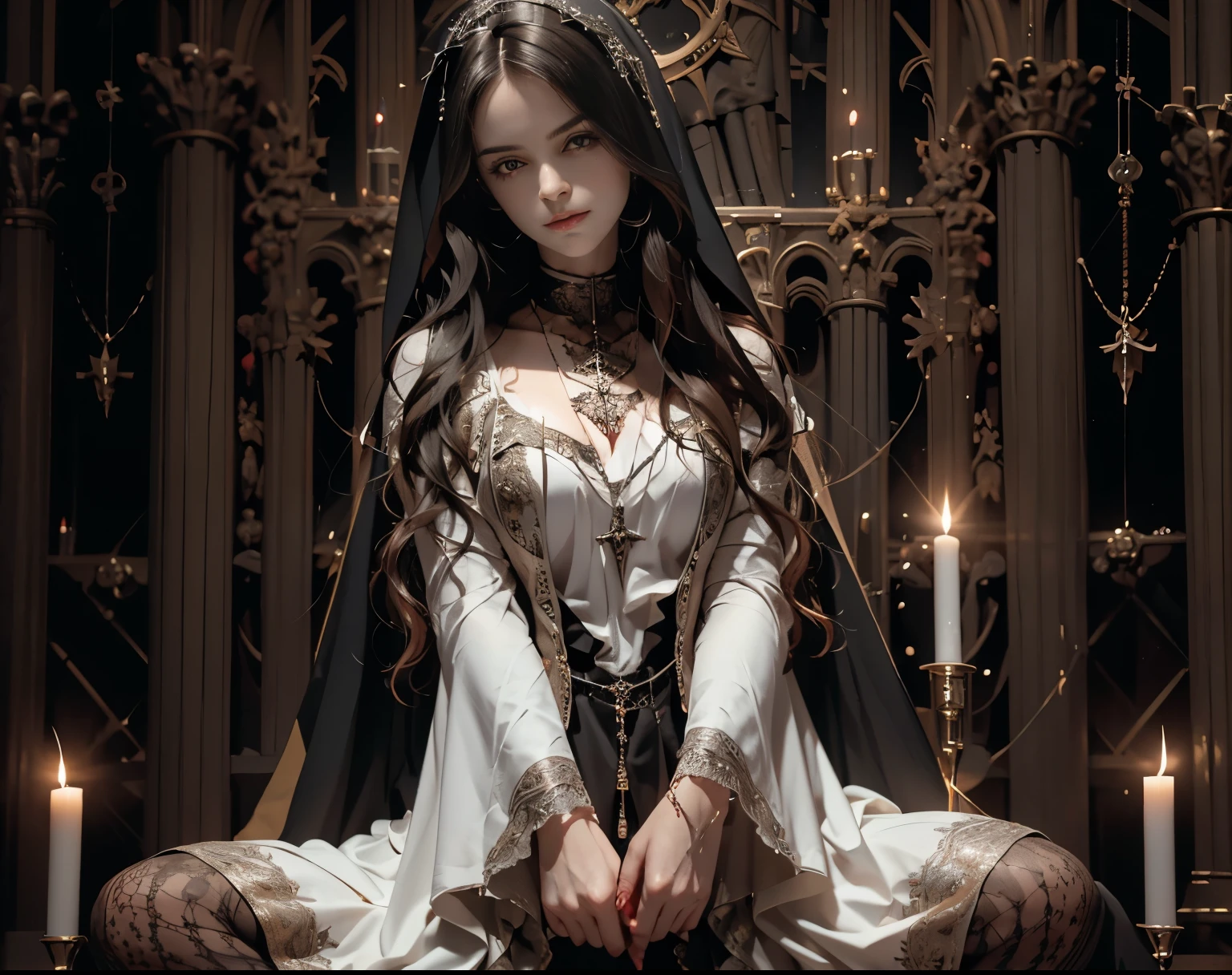 a black-haired Gothic woman in black underwear sits in a church with candles, a Gothic cathedral behind her, a beautiful succubus on the altar, a witch, a vampire goddess dressed as a clergyman inspired by Hedi Zandt, Carole Buck from Emma Watson, a nun dressed in medieval lace, a beautiful vampire queen, glamorous 4k photography, ancient Succubus, sweet bird