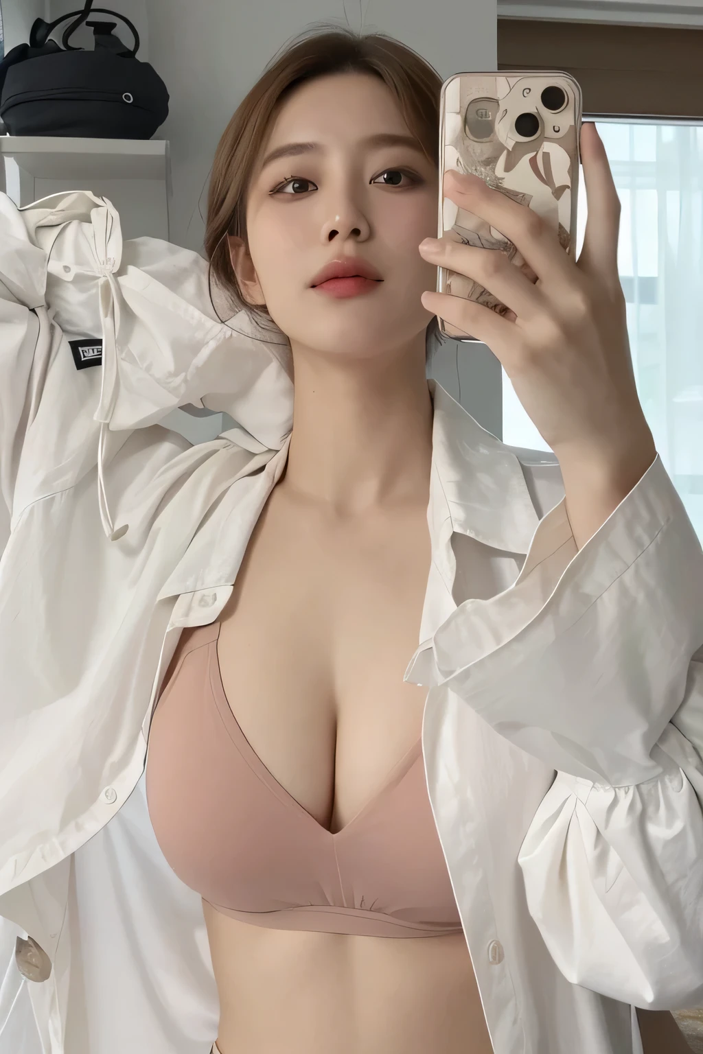 There was a woman taking a selfie in a bra.., sexy :8, V-neck shirt, Sakimi-chan, Heonhwa Cho, cleavage, Bralett, generous cleavage open jacket, Wear a bra, Yoshitomo Nara, beautiful south korean women, 2 7 years, Very fat girl, Female, age 3 0 years