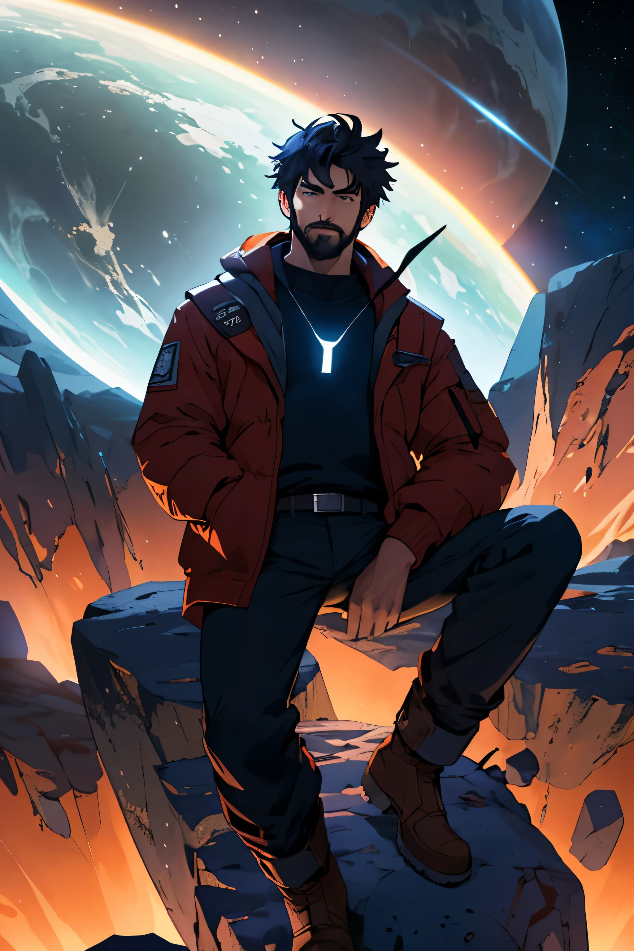 Draw a young programmer, sitting on a research platform floating in the middle of an asteroid belt. He is studying with a notebook, surrounded by several asteroids glowing with fiery auras. Dramatic lighting from distant stars and planets illuminates the scene, casting deep shadows on the suit. The young man looks confident and determined, looking at the vast and mysterious universe with wonder and respect,facial hair, cowboy shot. add red ambience, hand in pockets